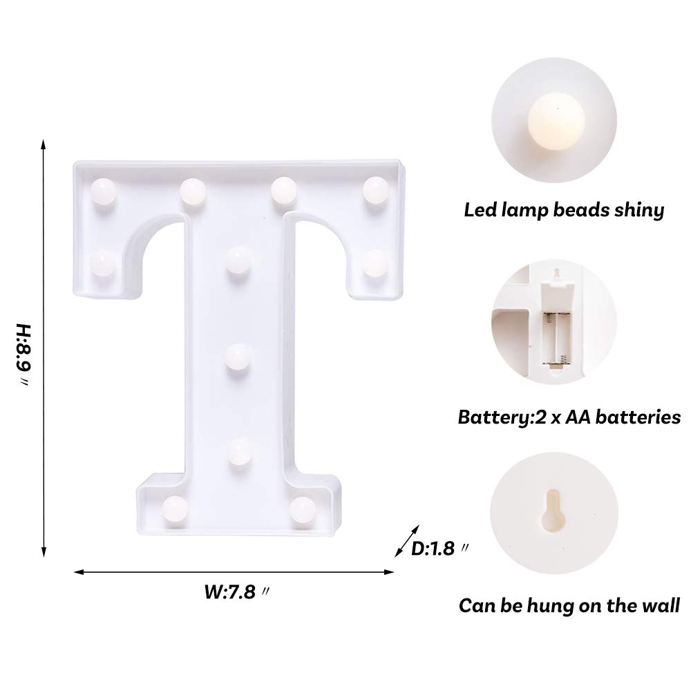 LED Light Up Letter Sign - Battery Powered Alphabet Lights for Wedding, Birthday, Party & Christmas Decor - Home Bar, Nursery Night Light & Holiday Lighting (Letter T)