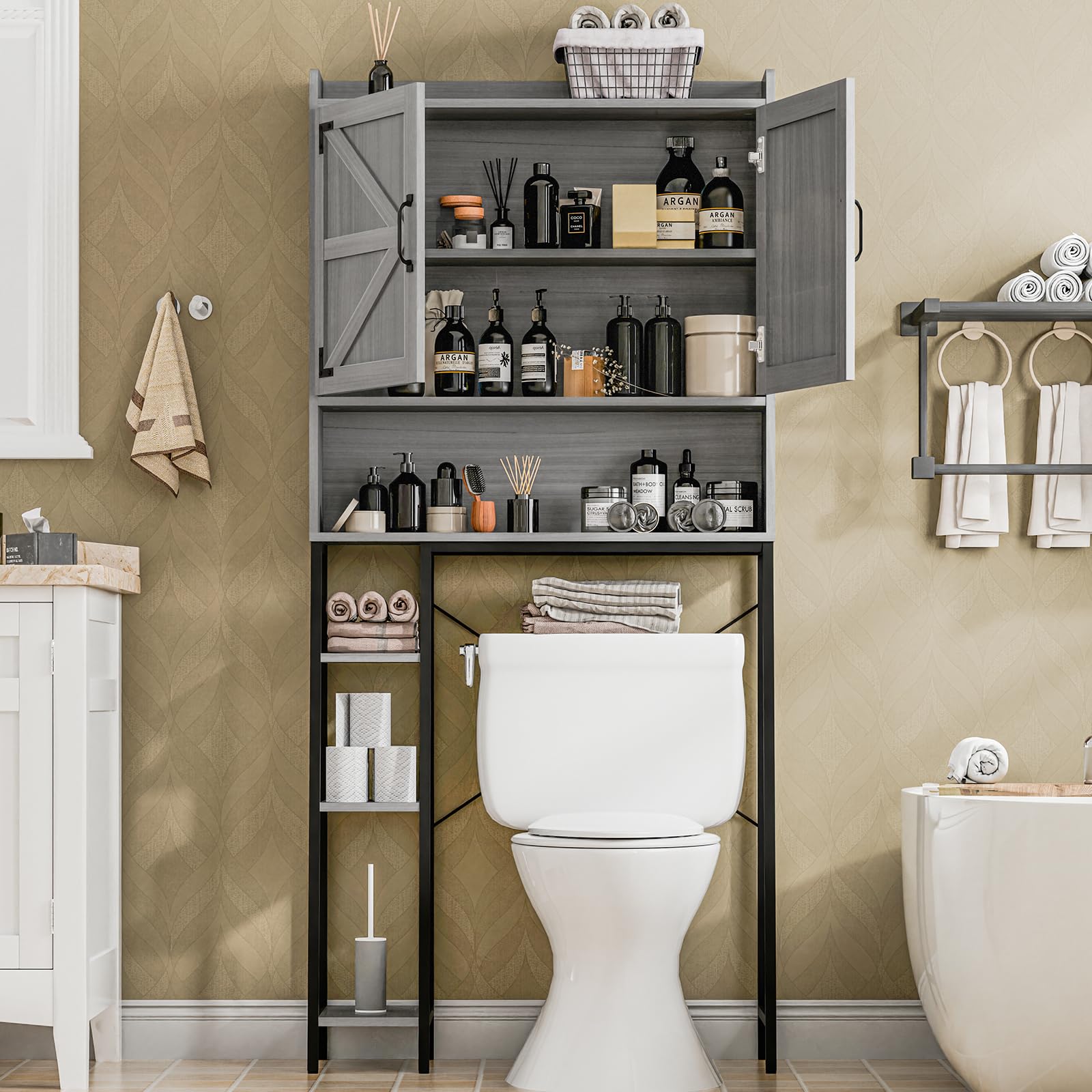 Farmhouse Over The Toilet Storage Cabinet with Barn Doors & Toilet Paper Holder - Space-Saving Bathroom Organizer for Restroom, Laundry & Bathroom Storage - Perfect for Small Spaces, Farmhouse Decor & Clutter-Free Organization