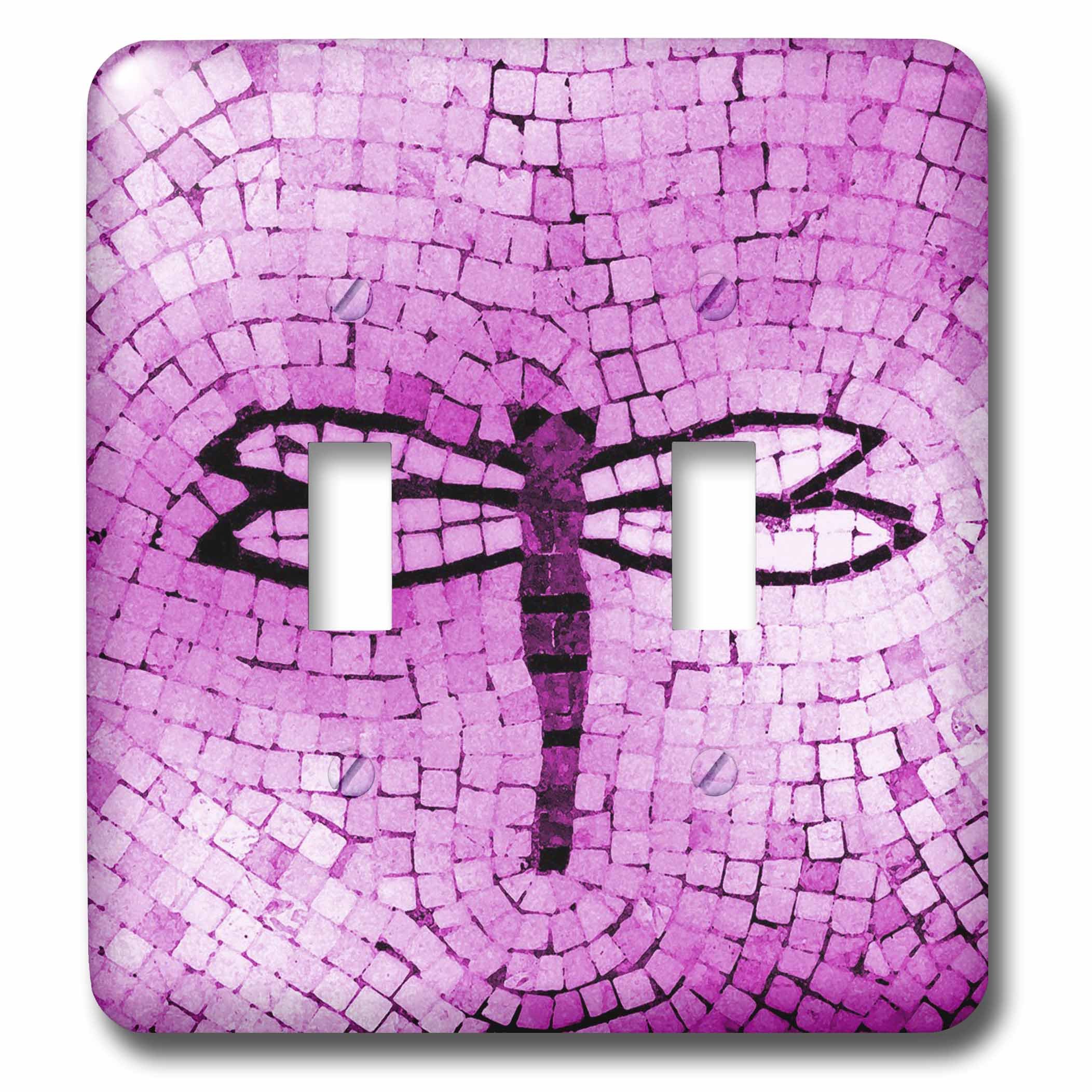3D Rose Hot Pink Mosaic Dragonfly Double Toggle Switch Plate Cover - Decorative Wall Plate for Light Switches, Home Decor, Bedroom, Bathroom & Living Room