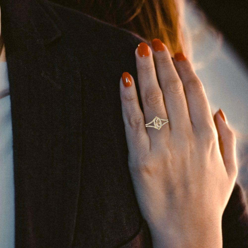 1.20ct Marquise Cut Solitaire Split Shank Halo Yellow Moissanite Engagement Ring 14k Yellow Gold for Wedding, Anniversary, Proposal, Bridal Gift