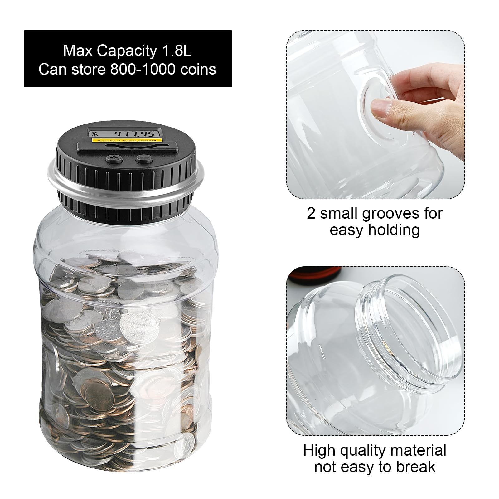 QPEY Digital Coin Counter Piggy Bank for Adults - 1.8L Capacity Money Jar with LCD Display for Accurate Change Counting - Perfect for Home Savings, Office Cash Management & Gift Giving (Silver)