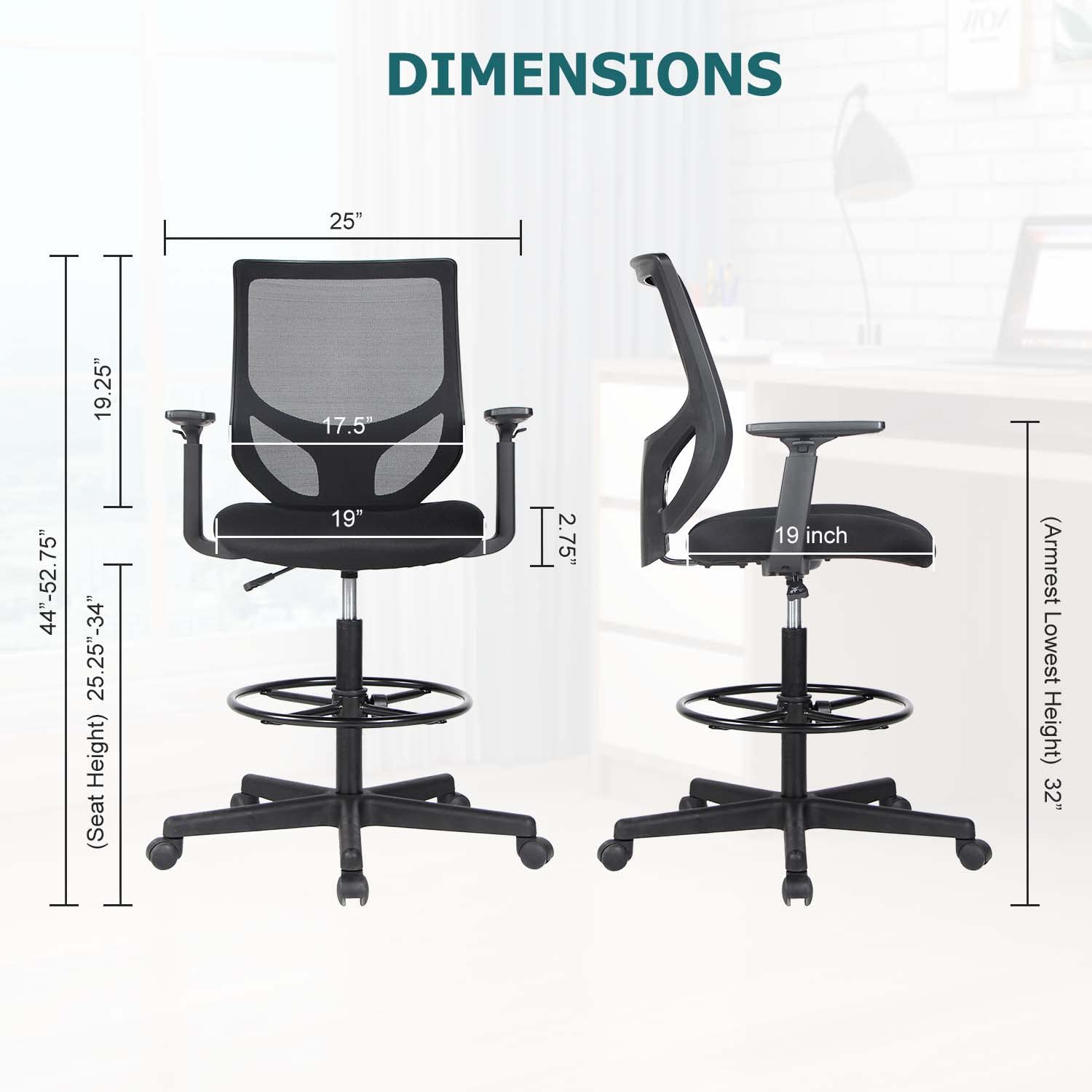 SMUG Adjustable Drafting Chair - Tall Office Chair with Mid Back Mesh & Foot Ring - Ergonomic Desk Chair for Standing Workstations - Perfect for Architects, Artists & Home Office Use