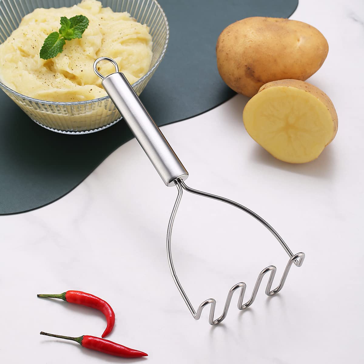 Heavy Duty Stainless Steel Potato Masher & Ricer - Kyraton Kitchen Tool with Non-Slip Grip for Perfect Mashed Potatoes, Baby Food, Vegetables, Fruits & Jam - Ideal for Home Cooking, Meal Prep & Professional Kitchens