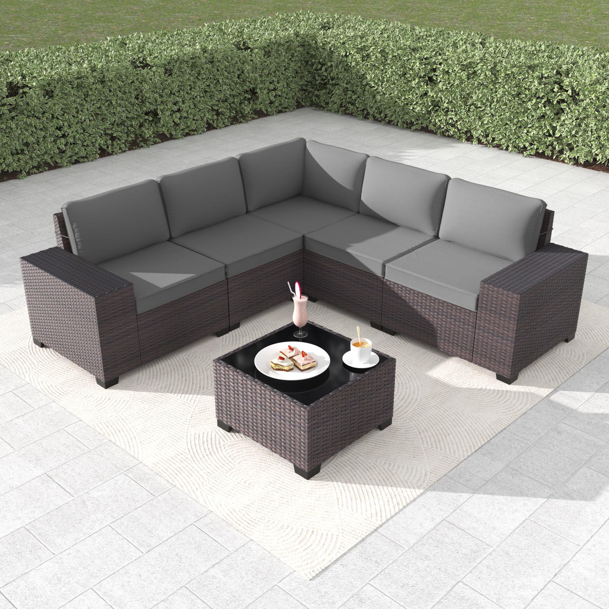 Gotland 6-Piece Patio Furniture Set - All-Weather PE Rattan Outdoor Sectional Sofa with Replaceable Grey Waterproof Cushions & Coffee Table - Perfect for Backyard, Garden, Poolside & Outdoor Relaxation
