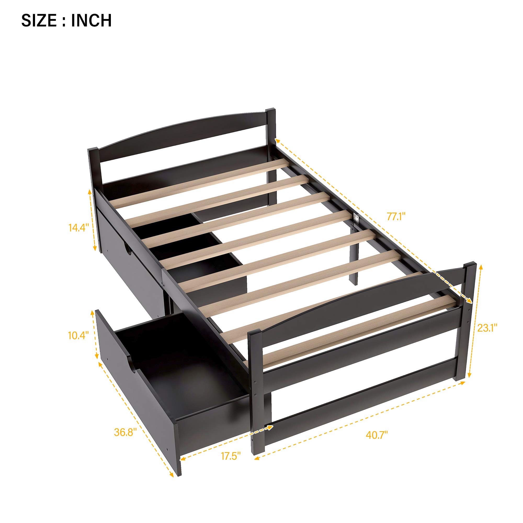 Polibi Twin Size Wood Platform Bed Frame with 2 Rolling Storage Drawers - Espresso Finish for Small Spaces, Kids Room & Guest Bedroom