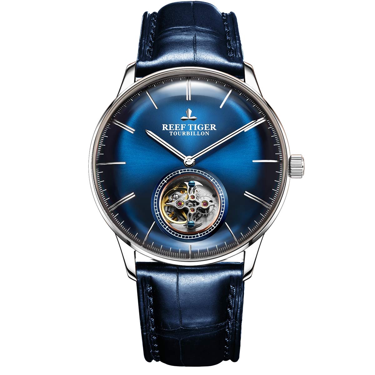 REEF TIGER Blue Tourbillon Automatic Mechanical Watch for Men - Luxury Leather Strap Dress Watch with Sapphire Crystal - Perfect for Business, Formal Events & Gift Giving (Model RGA1930)