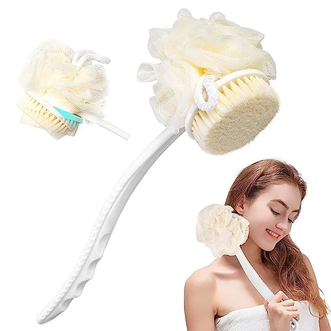 Onpalm Enterprise 2-in-1 Plastic Loofah Bath Scrub Brush with Long Handle - Exfoliating Body Brush & Massage Bristles for Wet/Dry Use - Ideal for Men & Women (Multicolor) - Perfect for Shower, Bath & Spa Exfoliation