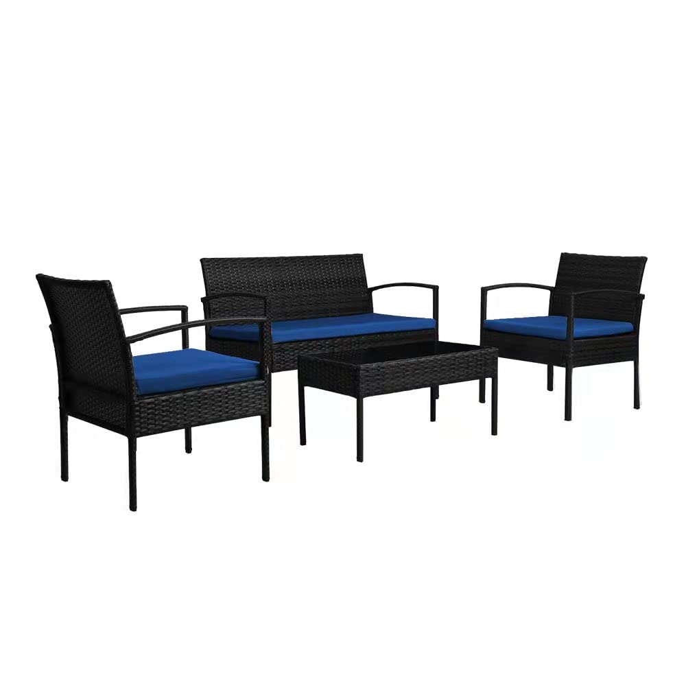 Outdoor Wicker Rattan Patio Furniture Set with Cushions - 4-Piece Seating Group in Blue for Garden, Backyard, Poolside & Deck Relaxation