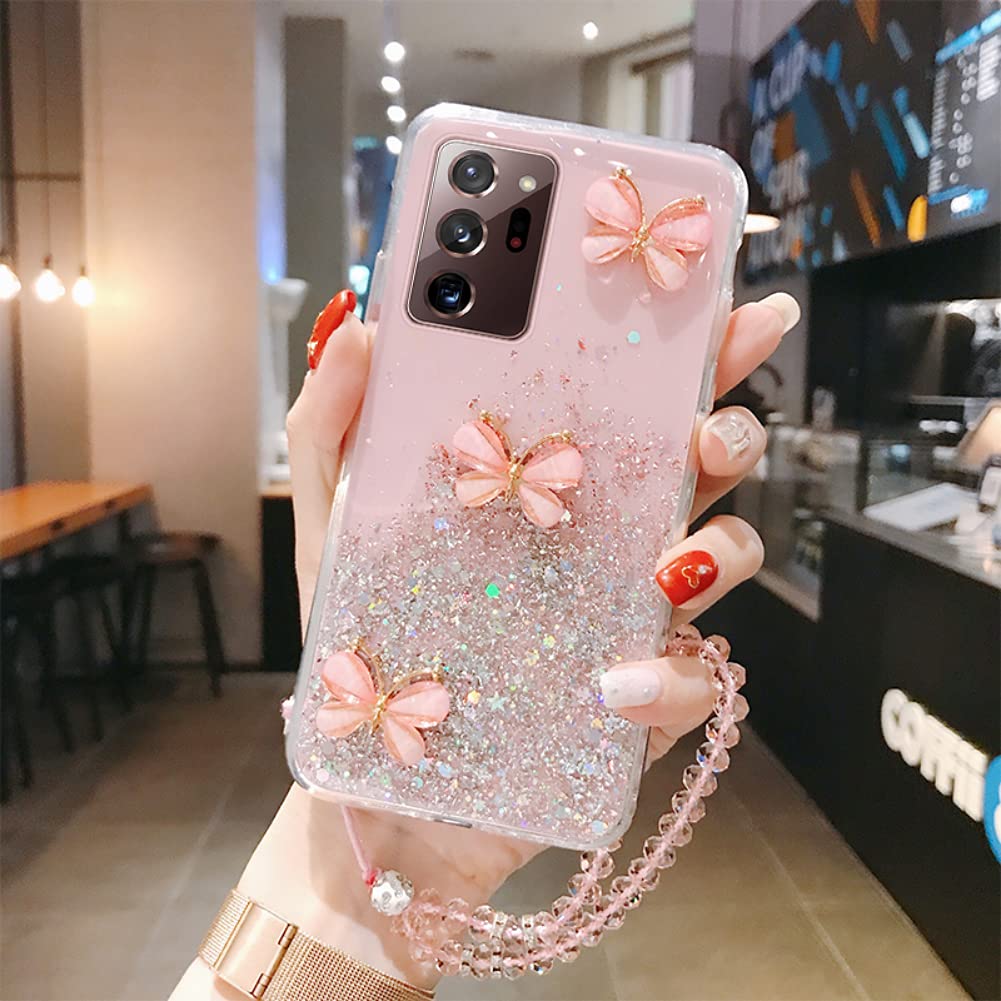 **Samsung Galaxy S9 Crossbody Phone Case - Sparkling Butterfly Glitter Bling with Paillette Stars & Diamond Design - Soft Flexible Silicone Protective Cover with Neck Strap (Pink) - Perfect for Hands-Free Use at Concerts, Shopping & Travel**