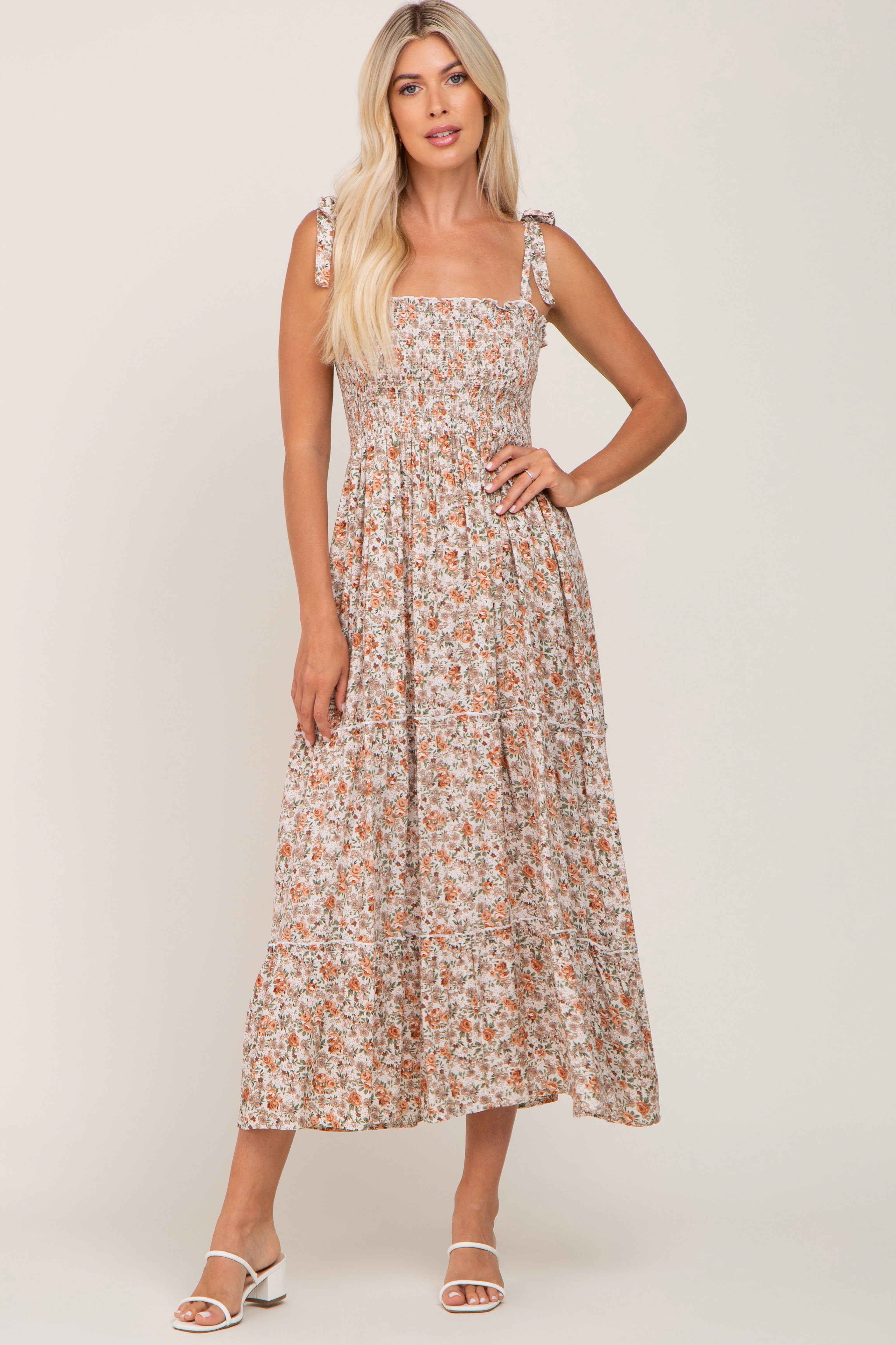 Beige Floral Sleeveless Tiered Maxi Dress for Women - Summer Boho Beach Dress, Wedding Guest Outfit & Vacation Wear