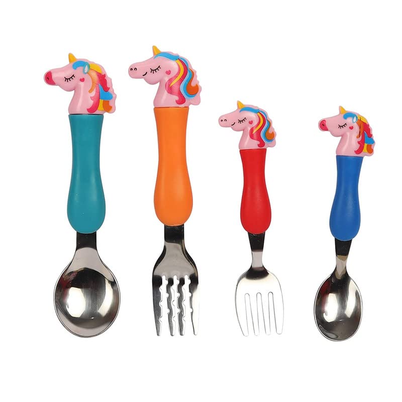YBN Unicorn Baby Spoon and Fork Set - 304 Stainless Steel Toddler Utensils with Ergonomic Handle for Boys & Girls | Perfect for First Foods, Daycare, and Travel