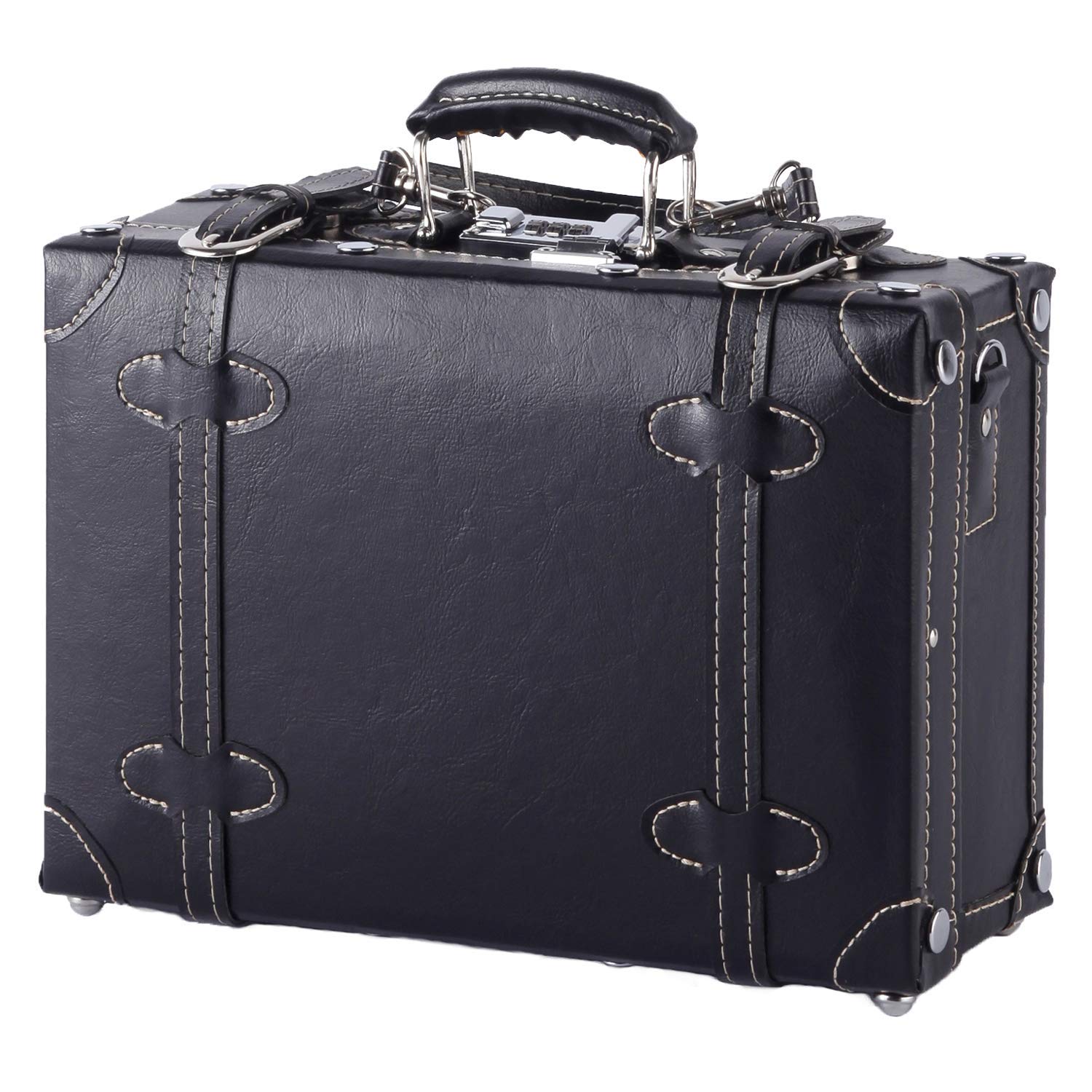 Vintage Black Leather Trunk Box Case Bag Luggage - Retro Travel Storage (81-55019-10) | Perfect for Travel, Home Decor & Vintage Collection Display