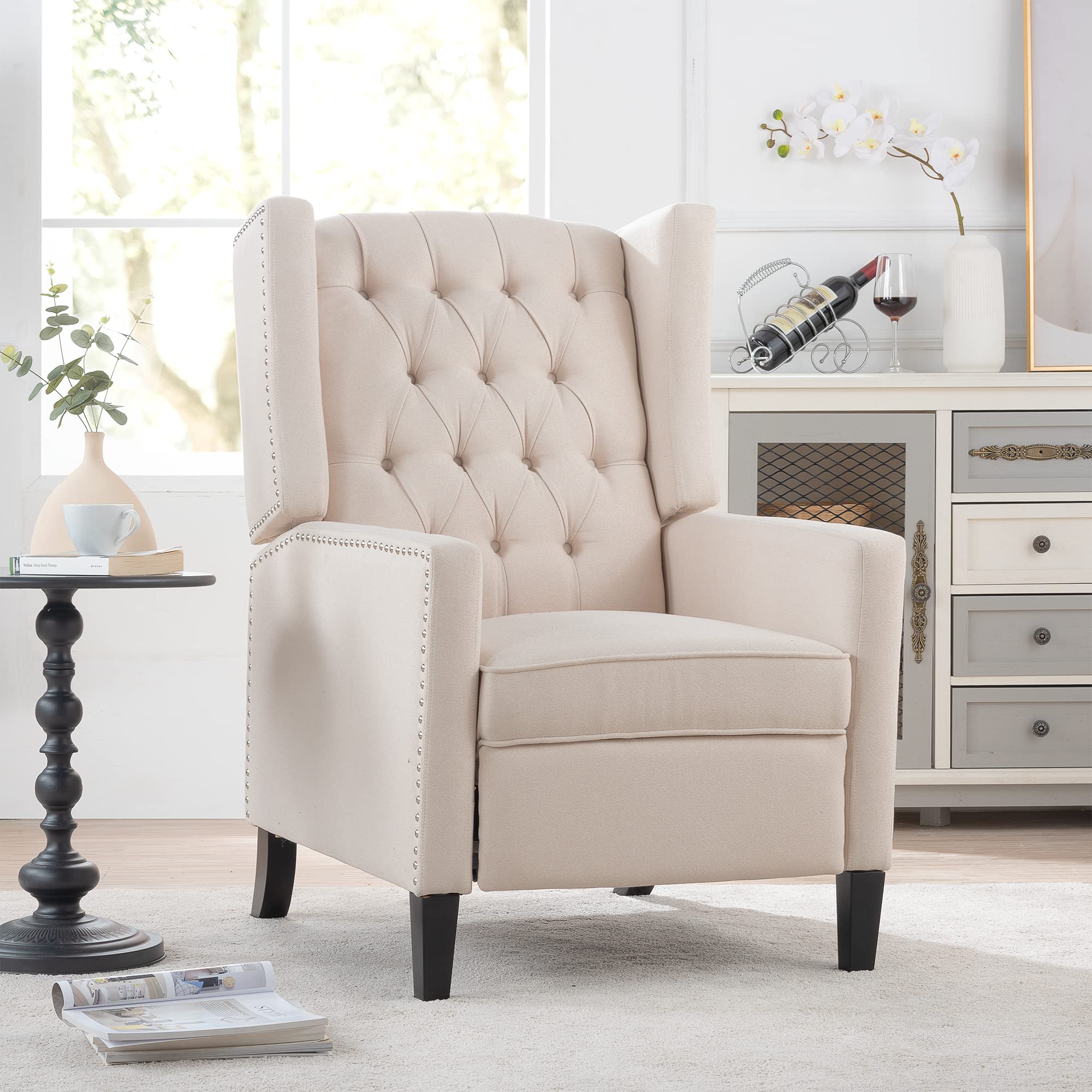 Push Back Recliner Chair - Small Space Comfortable Armchair with Wingback & Rivets Design, Modern Living Room Accent Chair for Adults - Perfect for Reading, Relaxing & Small Apartments (White)