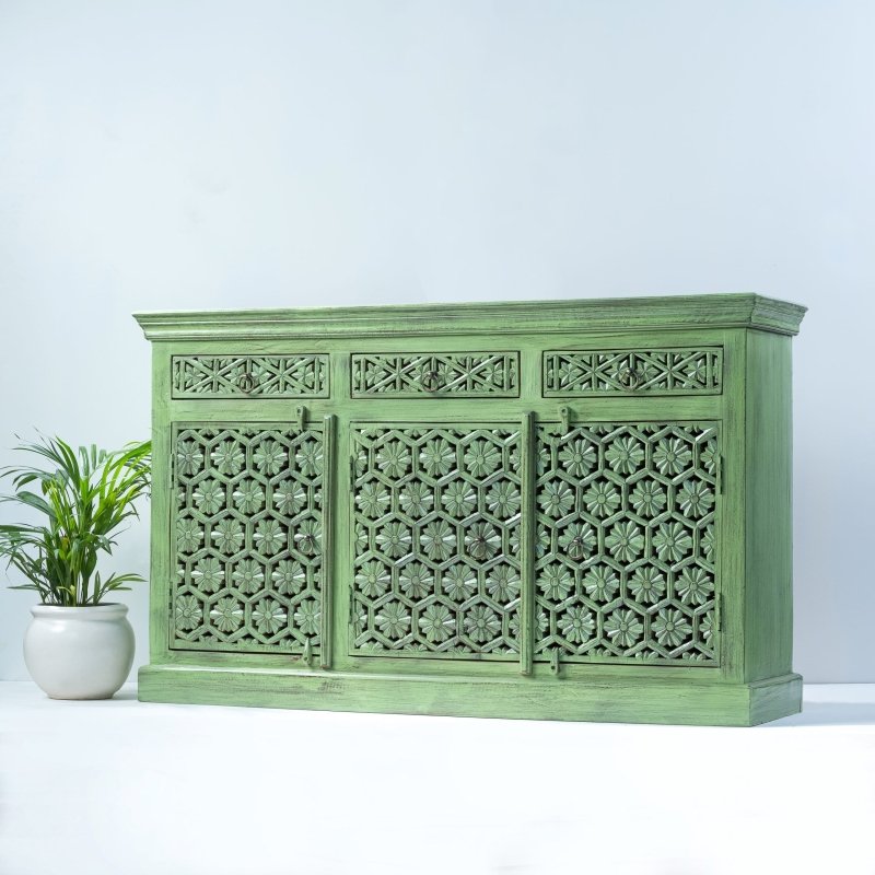 Hand Carved Light Green Sideboard with Solid Wood Base - Perfect for Dining Room, Living Room, or Entryway Storage