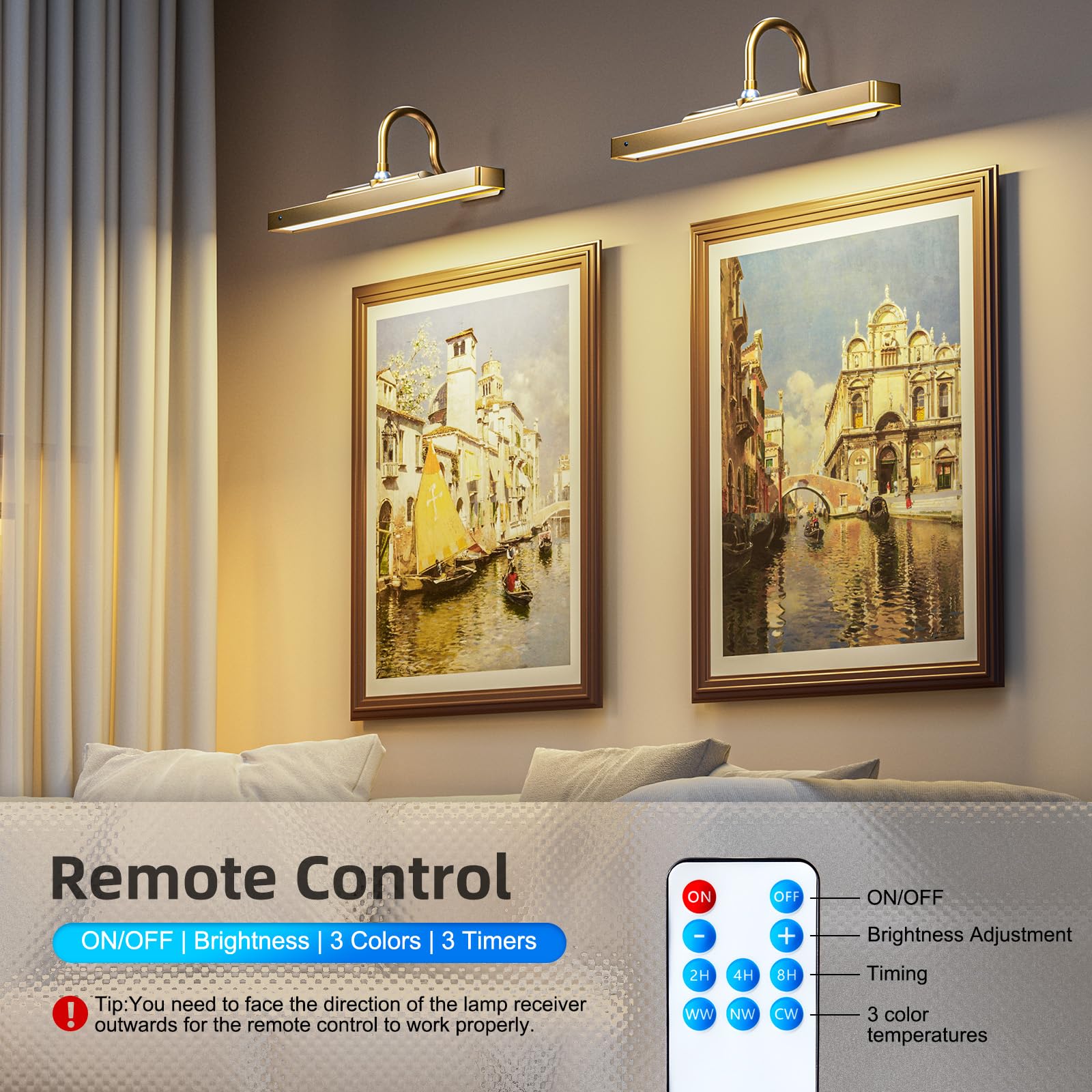 Brightown 16-Inch Battery Operated Picture Light for Paintings & Wall Art - 5000mAh Wireless Remote Control with Timer & Dimmable LED - Gold Finish - Perfect for Galleries, Museums, and Home Decor