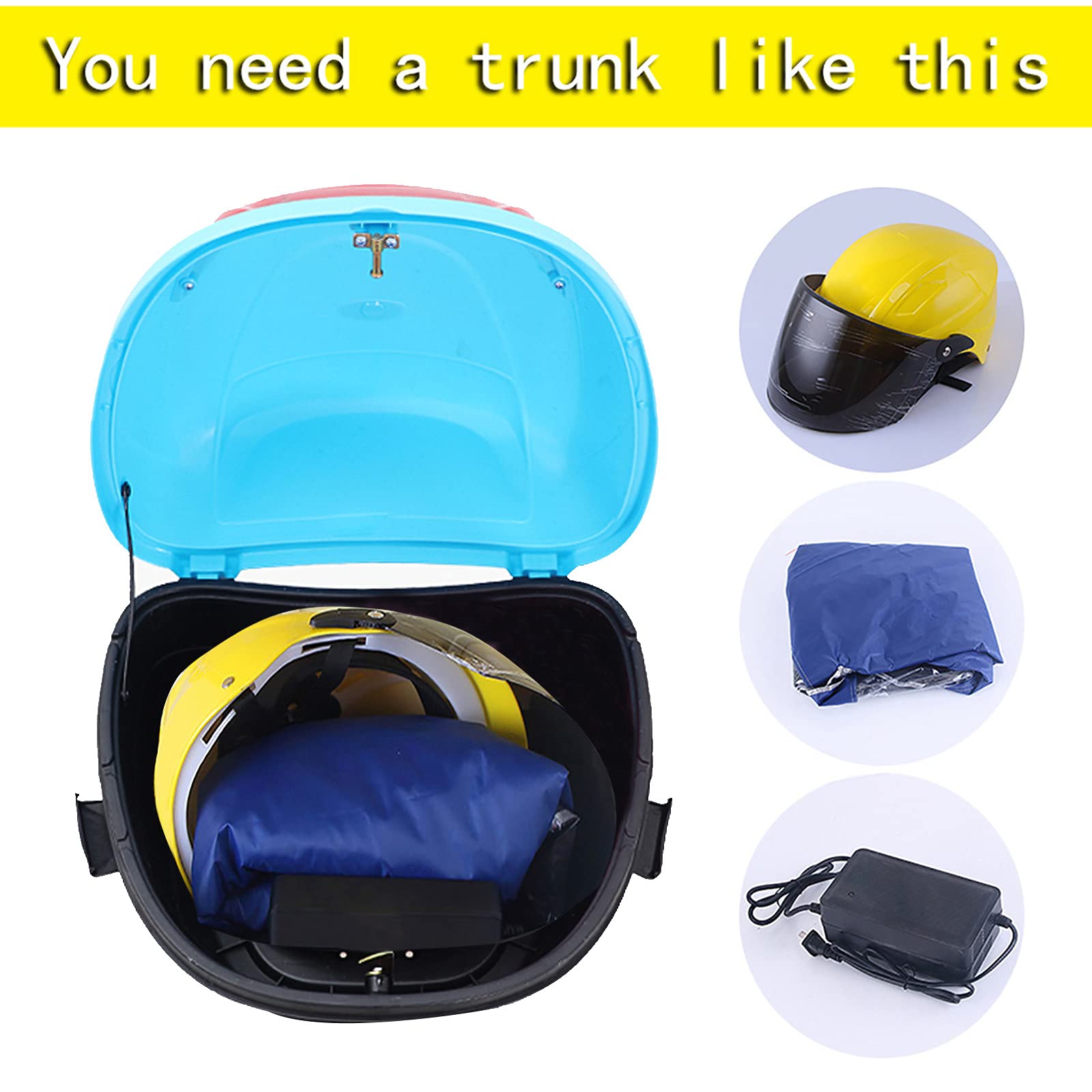 Universal Motorcycle Touring Top Box - Durable Scooter Tail Trunk Luggage Storage Case with Helmet Compartment (Sky Blue) - Perfect for Long Rides, Commuting & Adventure Travel