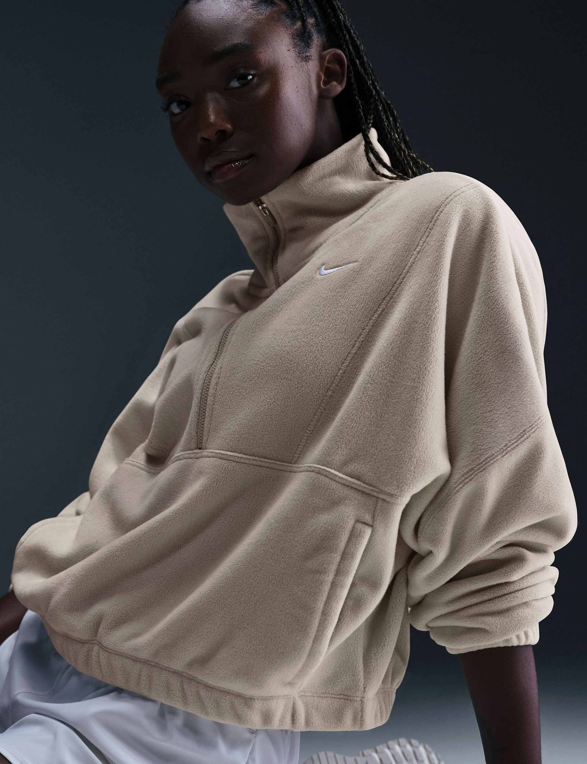 Oversized 1/2 Zip Fleece Top for Women - Light Orewood Brown & White | Cozy Winter Pullover for Casual Outfits, Outdoor Activities & Lounge Wear