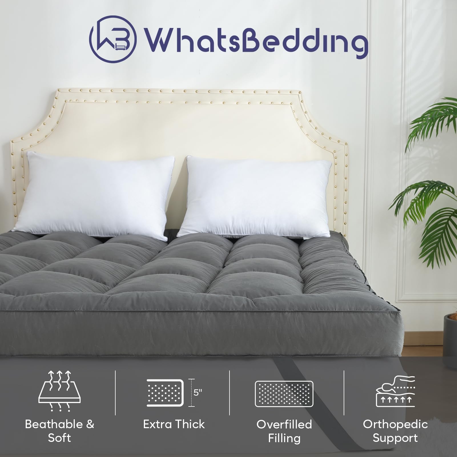 5 Inch Queen Size Mattress Topper with 4 Layer Goose Feather & Shredded Foam Filling - 100% Cotton Cover, CertiPUR-US Certified, Grey (60x80) - Perfect for Back Pain Relief & Luxurious Hotel-Style Comfort