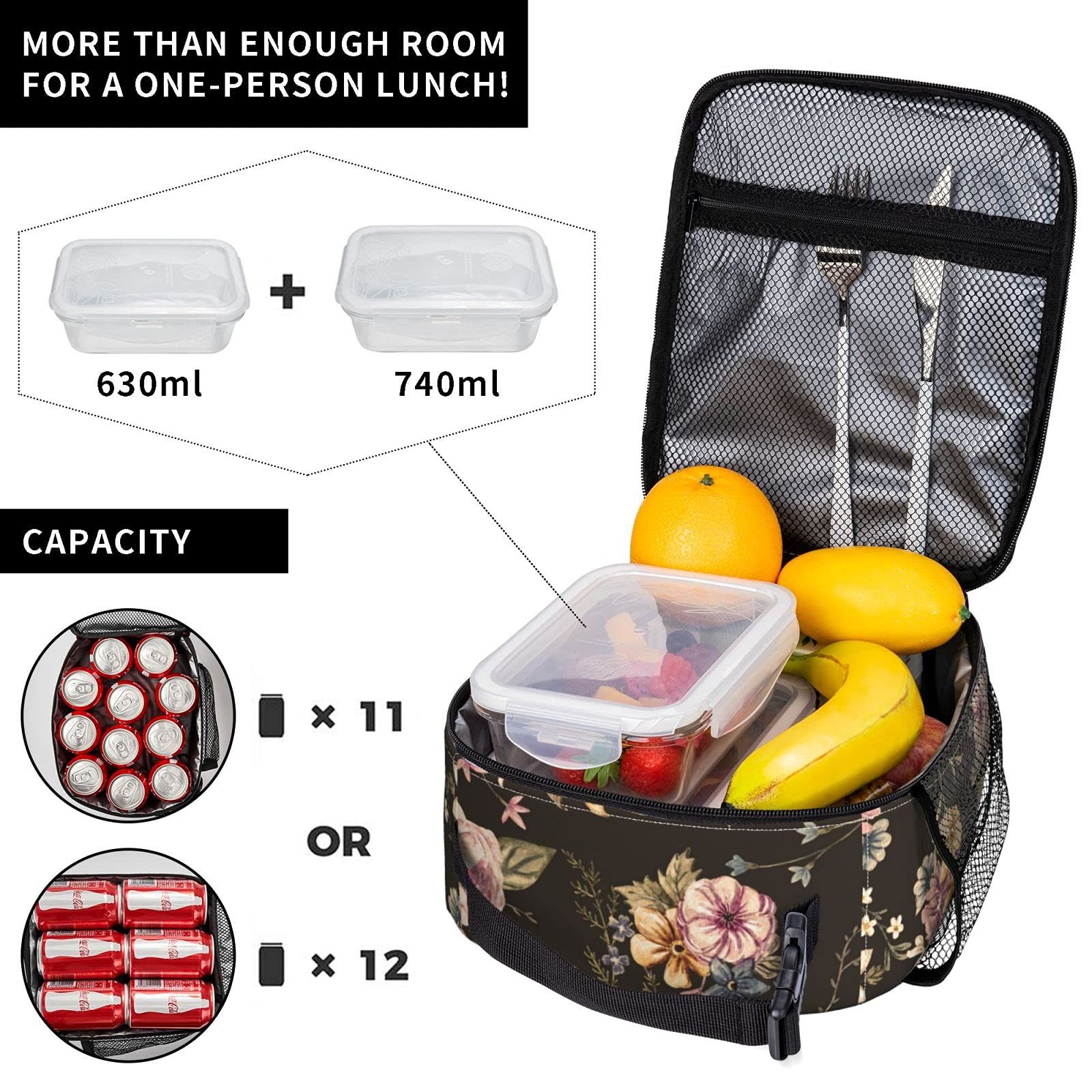 Insulated Black Floral Lunch Bag for Women & Teens - Leakproof Reusable Cooler Lunch Box for School, Office, Picnic, Beach & Outdoor Activities