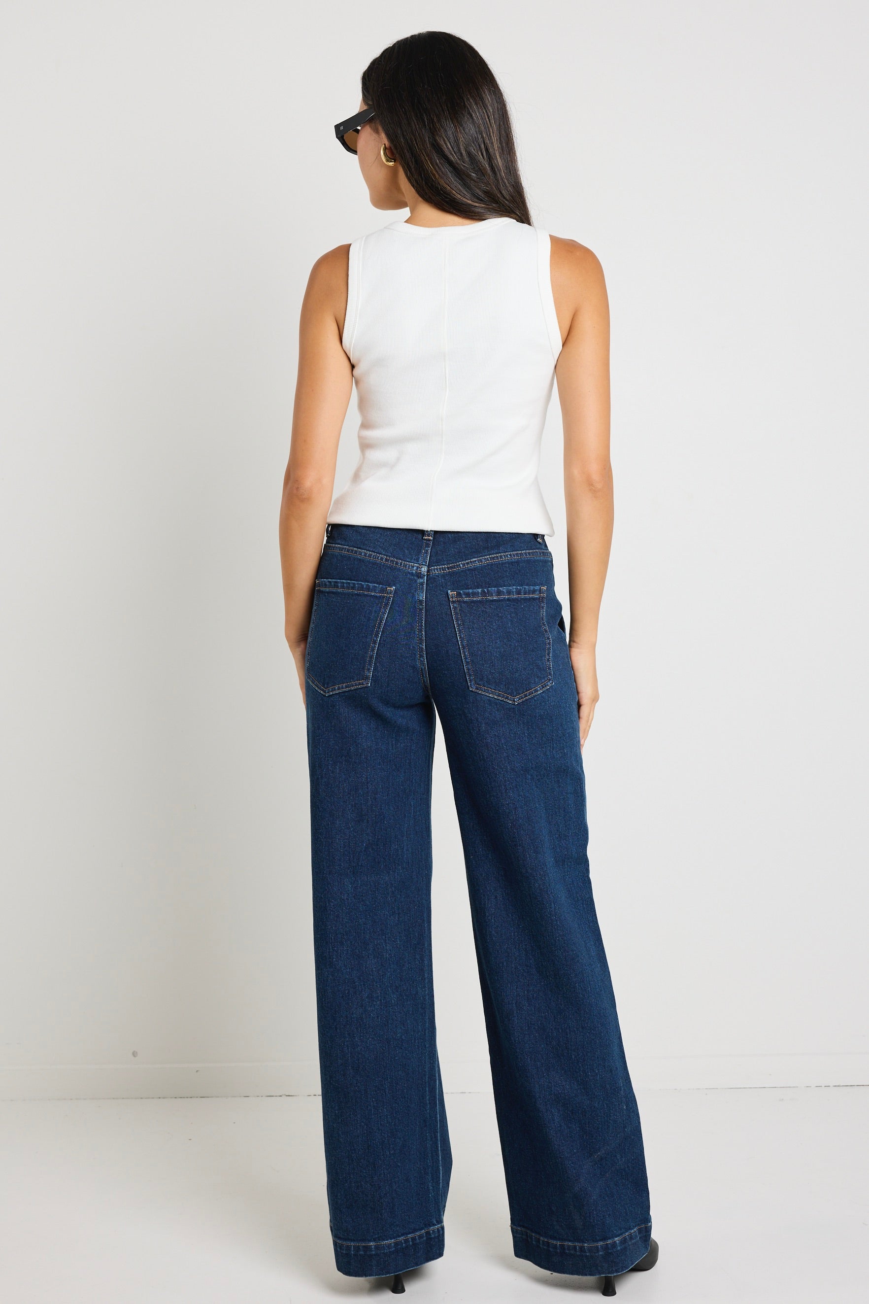 Indigo Mid Rise Wide Leg Jeans for Women with Front Pockets - Comfortable Stretch Denim Pants for Casual Wear & Everyday Outfits