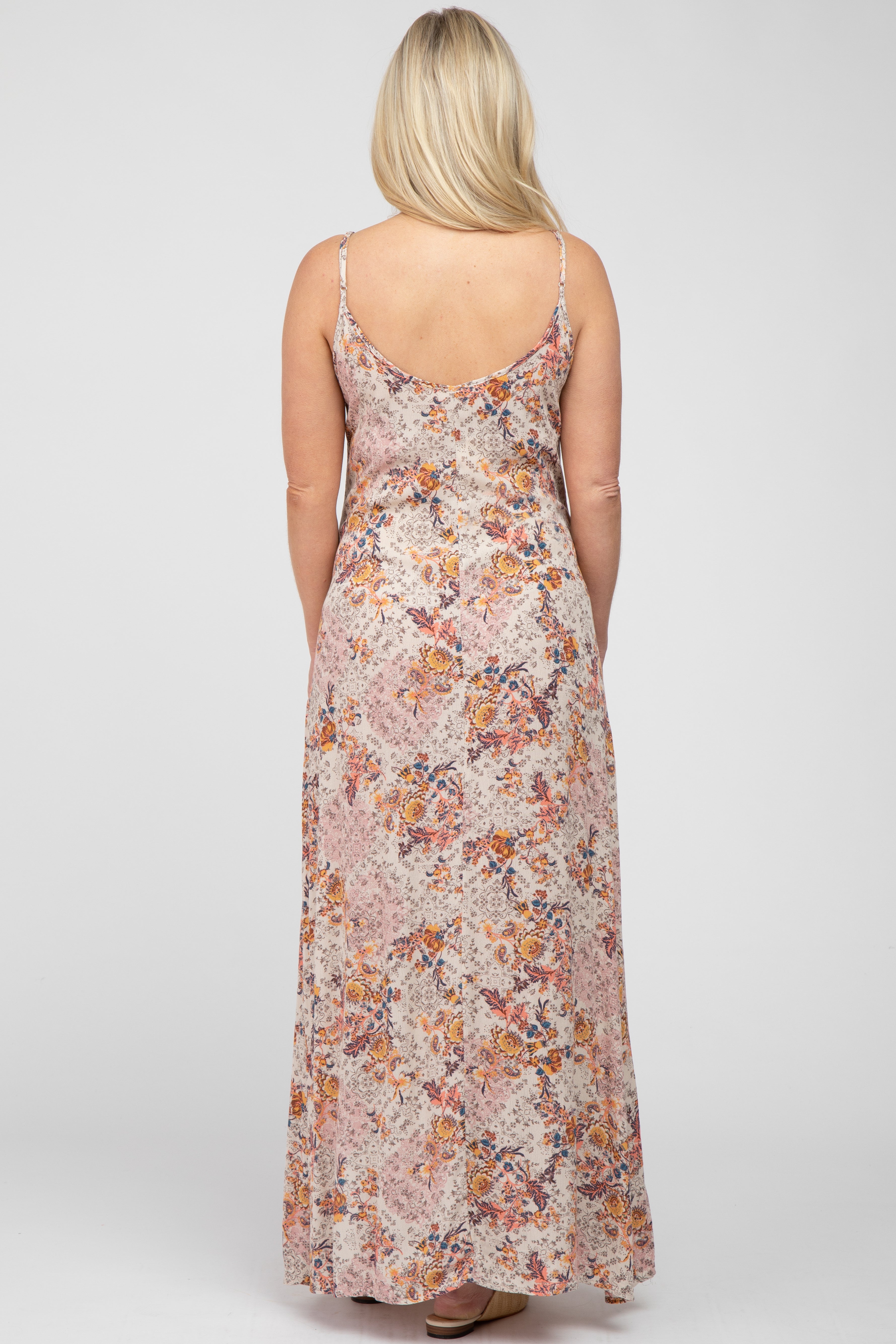 Beige Floral Paisley Maternity Maxi Dress with Side Slit - Comfortable Pregnancy Dress for Baby Shower, Maternity Photo Shoot & Special Occasions