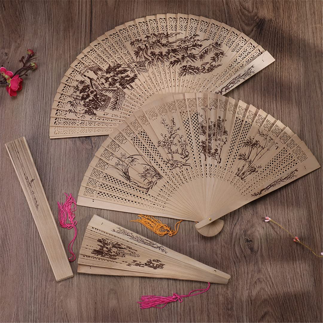 1PC Sandalwood Folding Fan - Handheld Ancient Style Decorative Fan with Hollow Carving for Home Decor, Wedding, Photo Props & Gifts