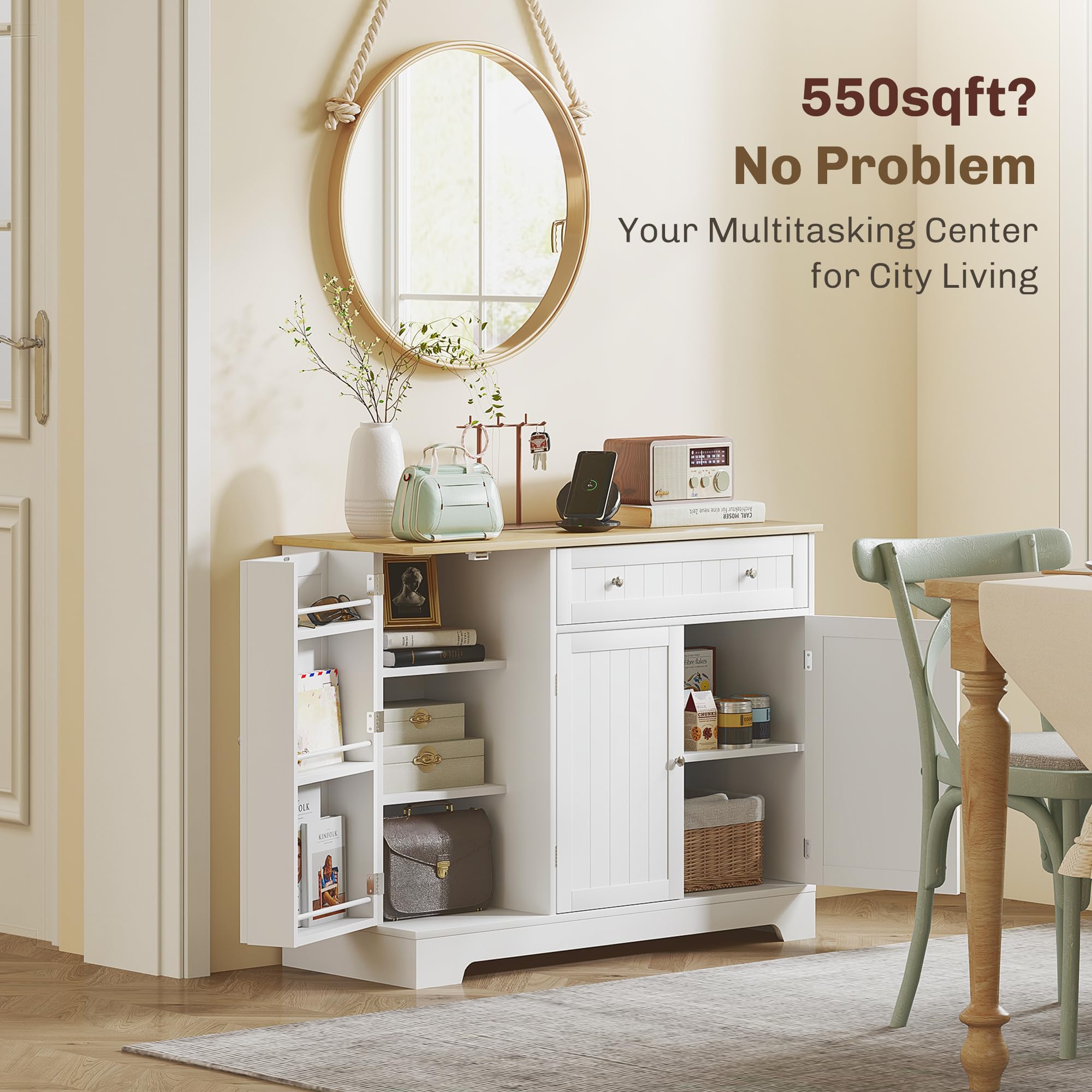 Modern White Coffee Bar Cabinet with Storage & Adjustable Shelves - Sideboard Buffet Cabinet with Drawers for Small Kitchen Pantry - Perfect for Home Bar, Dining Room & Kitchen Organization