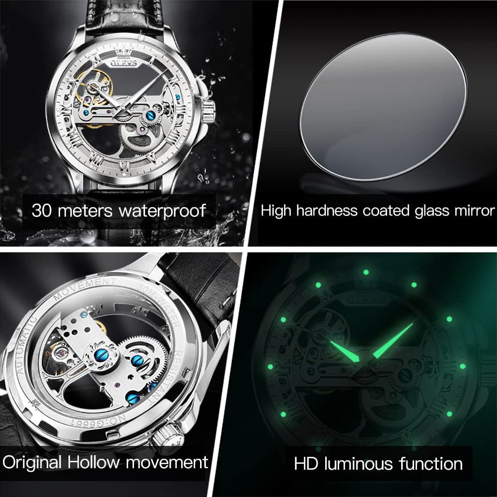 OLEVS Men's Automatic Self-Winding Leather Watch - Fashionable Waterproof Chronograph Wristwatch for Young Men | Perfect for Business, Casual Wear & Special Occasions