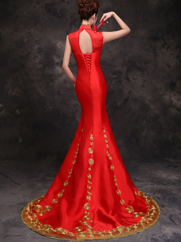Elegant Red Embroidered Trumpet Mermaid Qipao Cheongsam Evening Dress for Women - Perfect for Weddings, Parties & Special Occasions