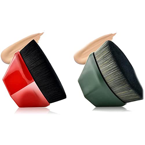 Premium Kabuki Makeup Brush Set - Flat Top High-Density Foundation Brush for Powder, Liquid & Cream Cosmetics | Professional Face Blending Brush for Flawless Makeup Application (Red + Green) | Perfect for Daily Makeup, Contouring & Professional Makeup Artists