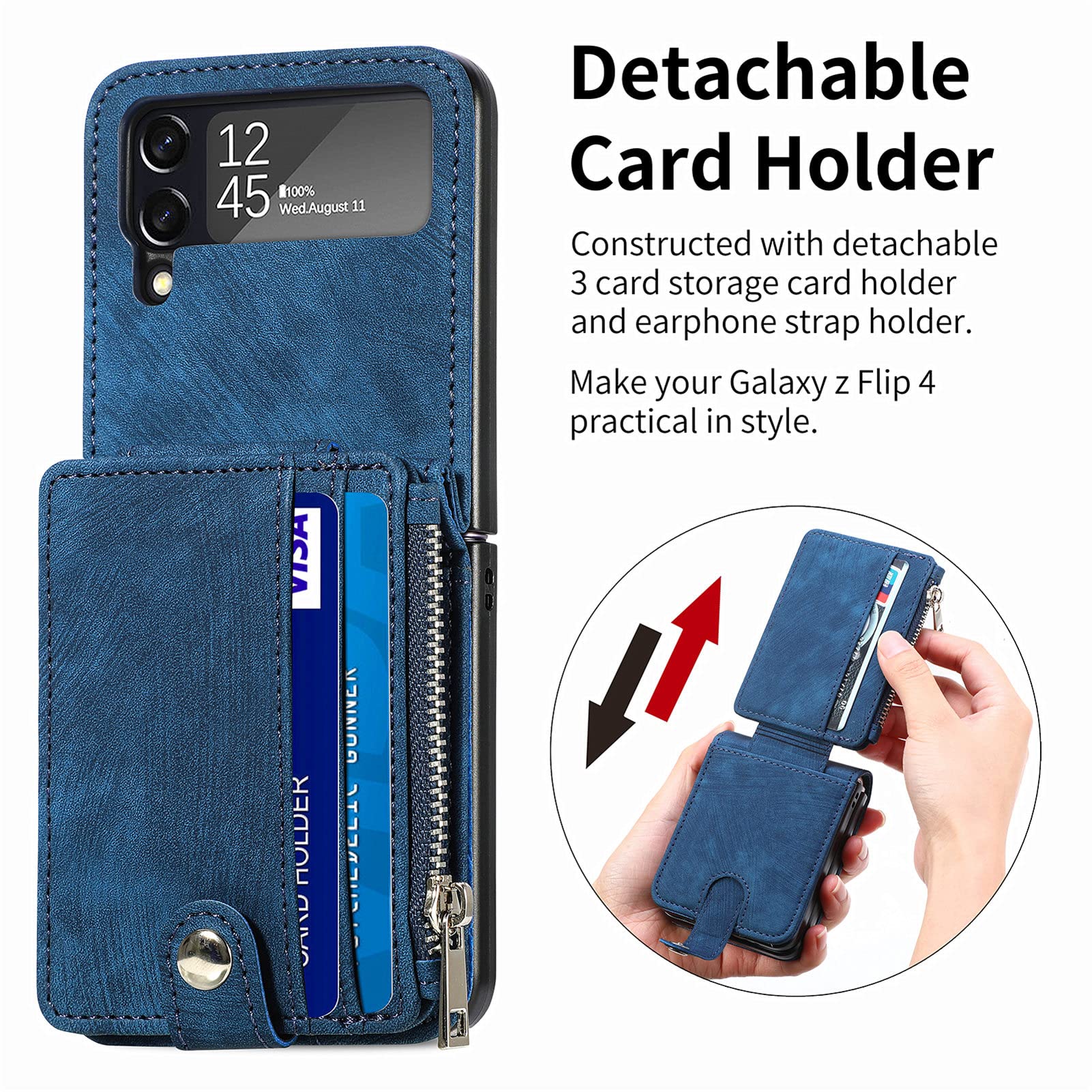 Samsung Galaxy Z Flip 4 Leather Wallet Case with Detachable Card Holder & Magnetic Kickstand - Shockproof Minimalist Front Pocket Phone Cover for Men & Women (Blue) | Perfect for Everyday Use, Travel, and Business Meetings