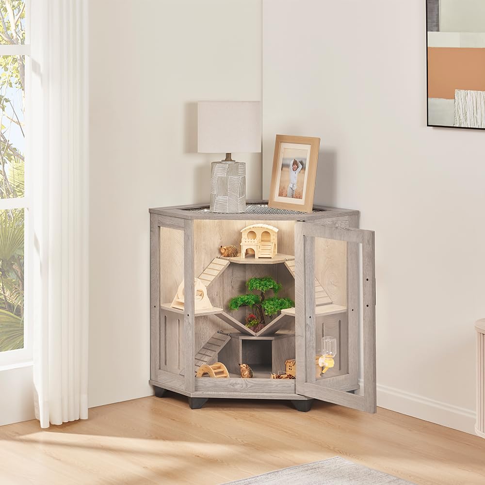 Unipaws Clear Acrylic Small Animal Cage with Ramp & House - Chinchilla, Rat, Hedgehog, Hamster, Mice Habitat - Perfect for Corner Spaces in Home, Office or Classroom