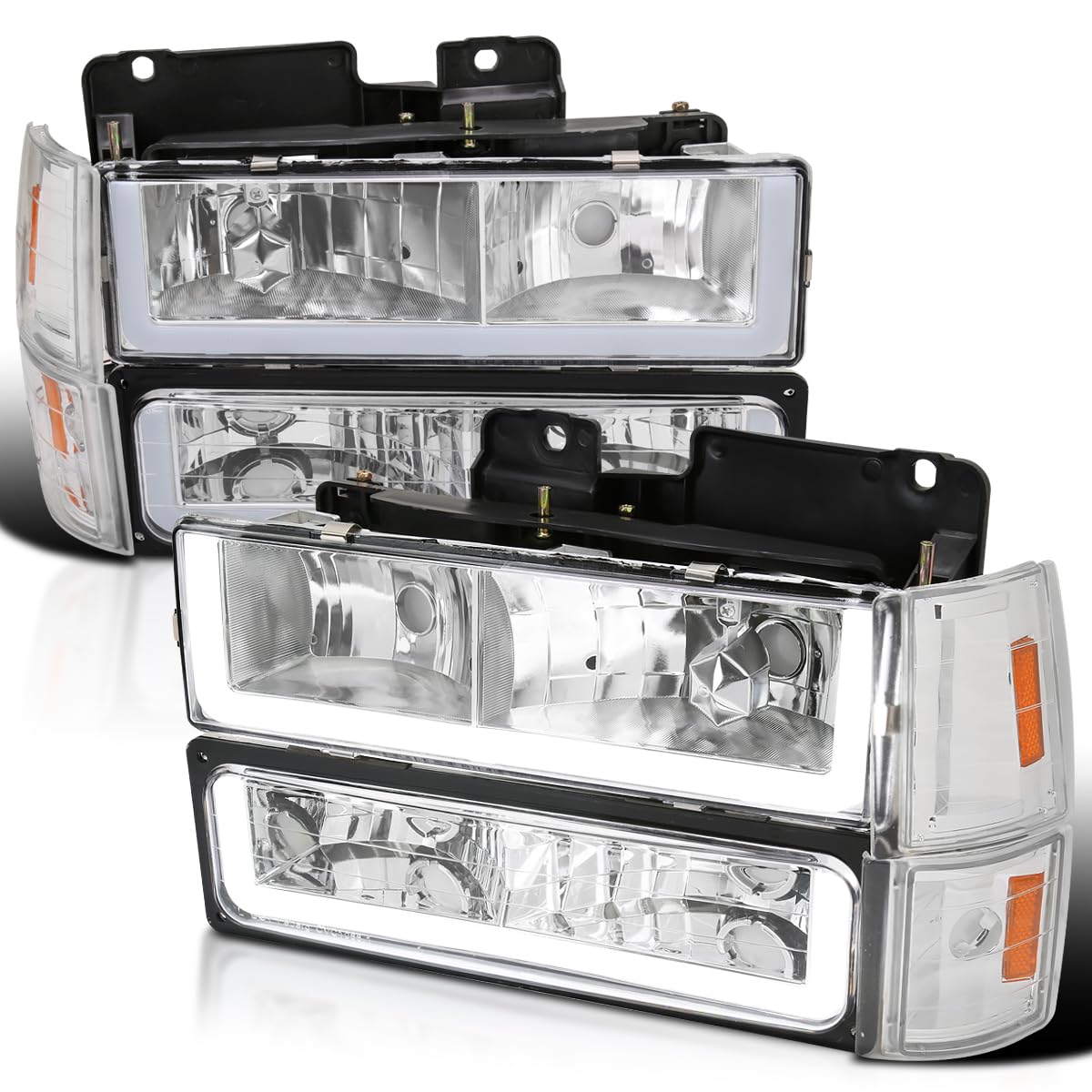 Spec-D Tuning Chrome LED Bar Headlights with Bumper & Corner Lights - Compatible with 1994-1998 GMC C10 C/K Suburban Sierra - Left & Right Pair Headlamp Assembly - Upgrade for Off-Road & Night Driving Visibility