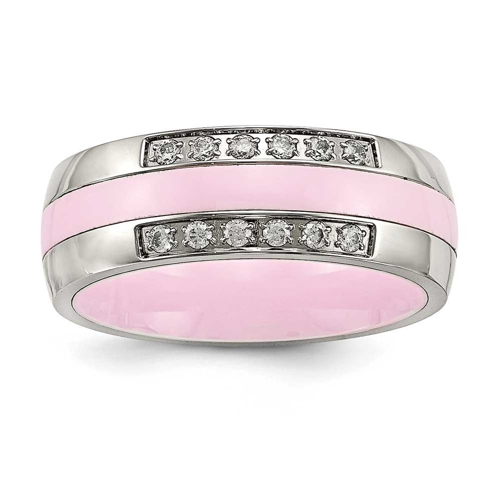 Stainless Steel Polished Pink Ceramic CZ Ring - Size 10 | Elegant Cubic Zirconia Jewelry for Women, Gift for Her, Wedding, Anniversary & Special Occasions