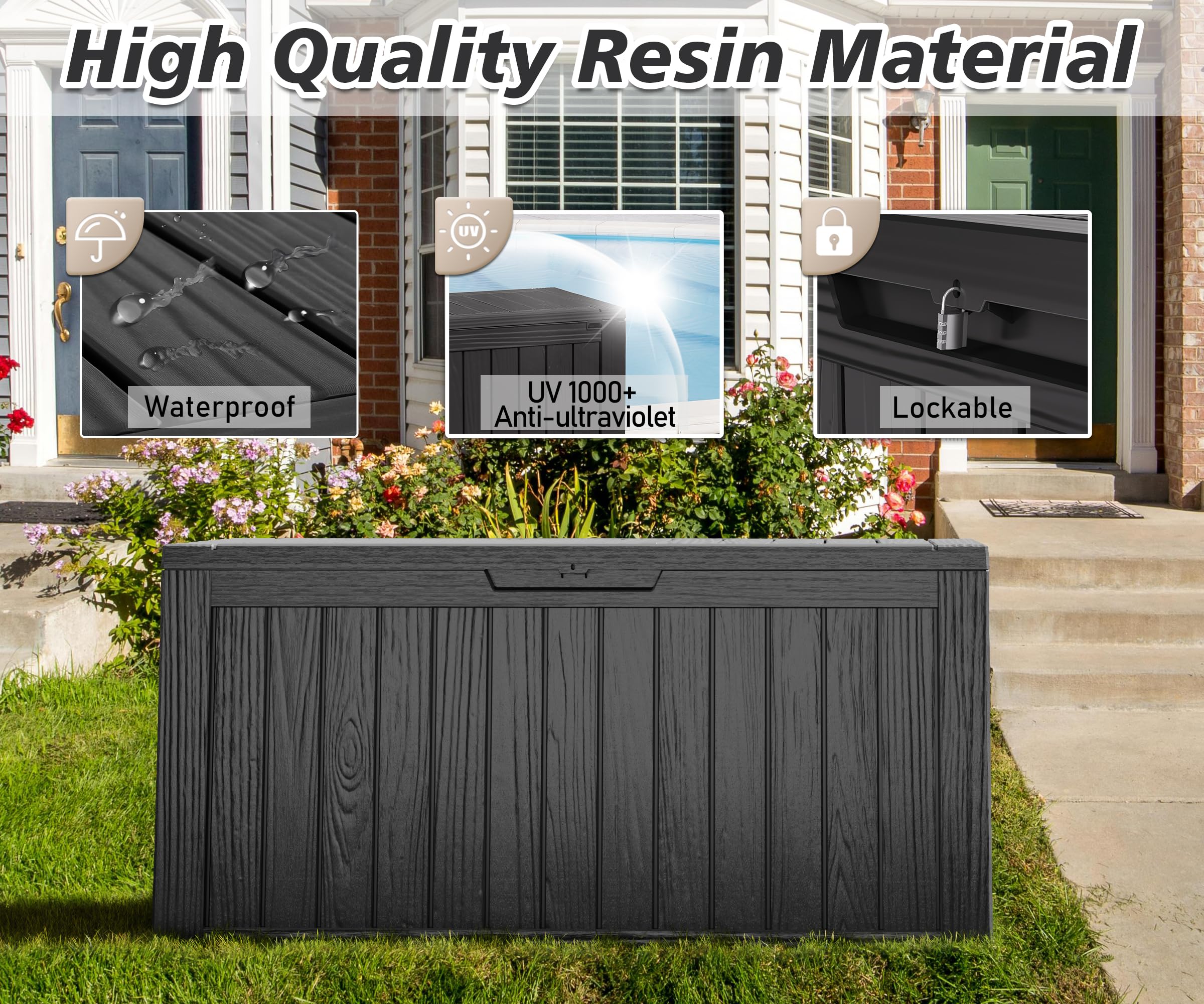 72 Gallon Outdoor Storage Box by NUNU LAB - Large Waterproof Deck Box with Double Wall Panels, Durable Resin Garden Storage Bin for Package Delivery, Hose & Tool Organization - Perfect for Backyard, Patio & Garage Storage