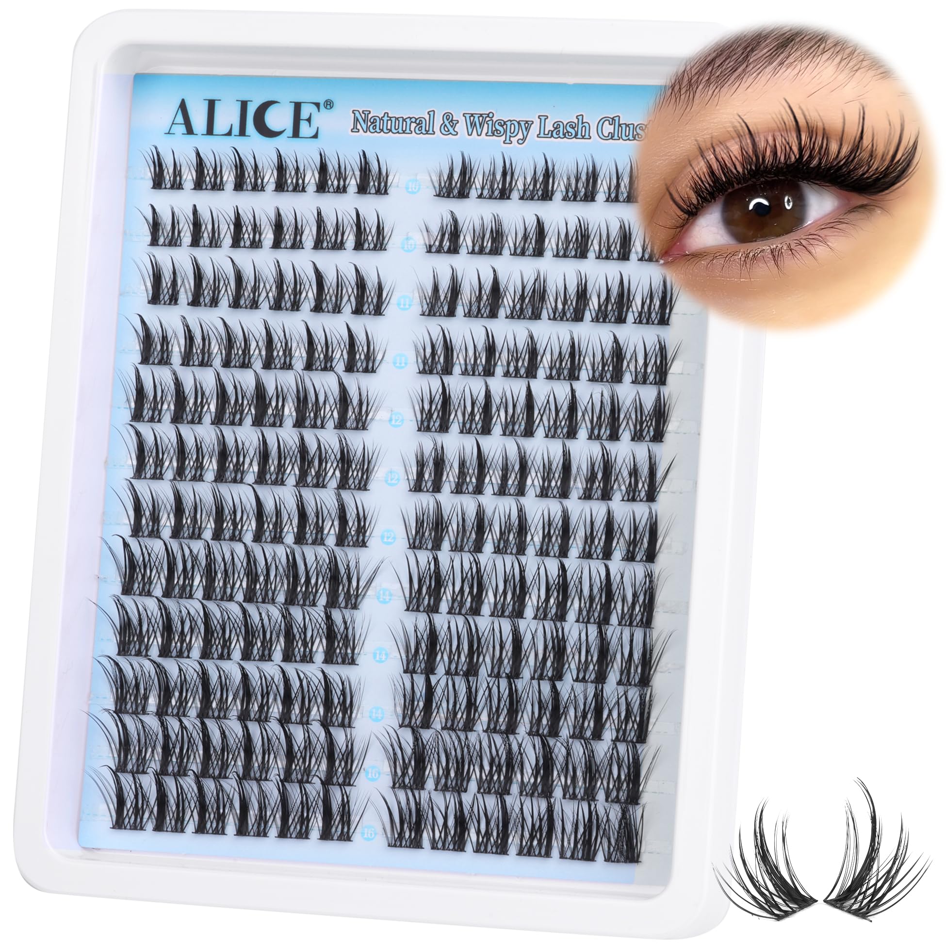ALICE Natural DIY Eyelash Extensions - Fluffy Wispy Anime Cat Eye Clusters, CC Curl 10-16mm Individual Lashes (144pcs) for Everyday Glam & Special Occasions