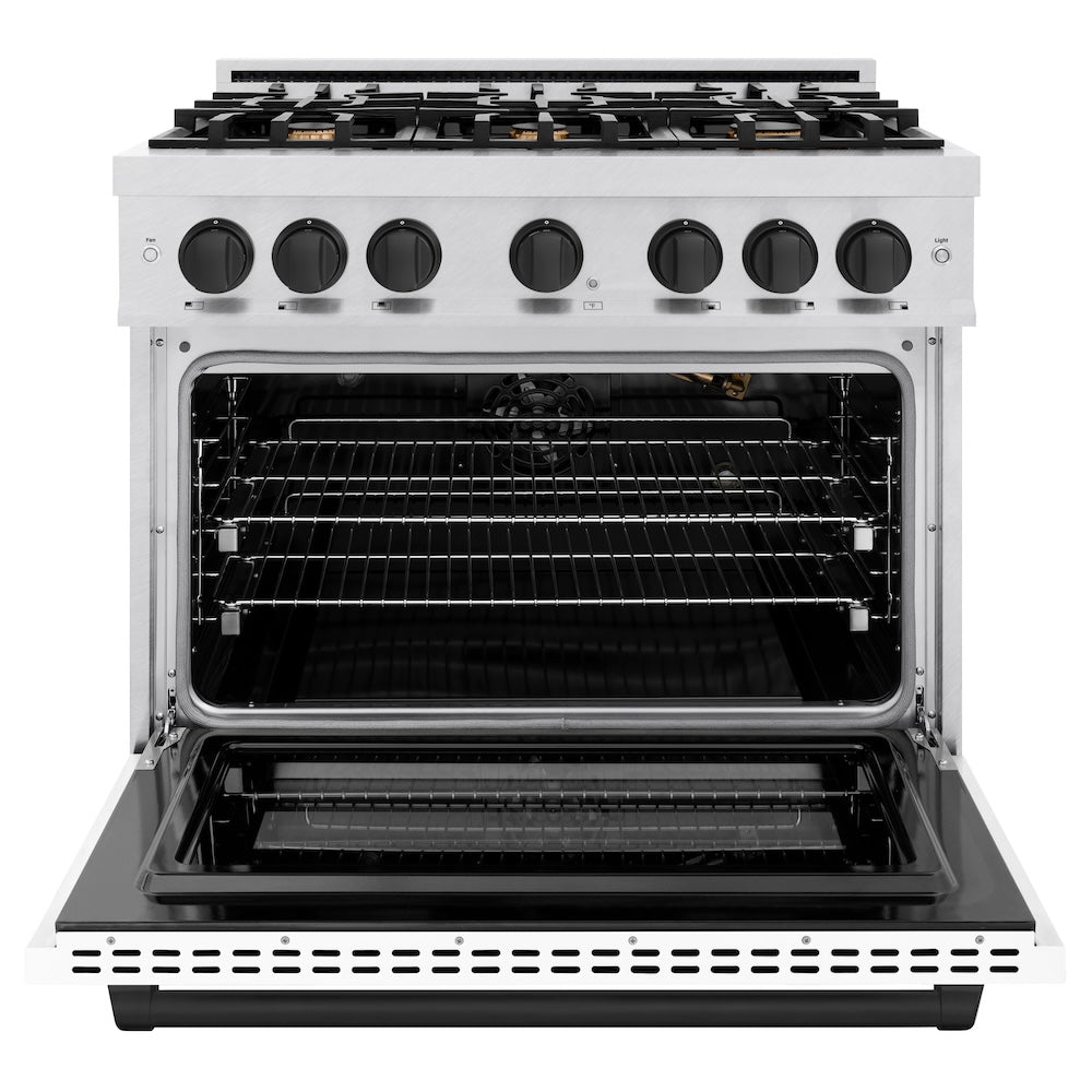 ZLINE Autograph Edition 36 Inch 5.2 Cu Ft Gas Range with 6 Burner Cooktop & Convection Oven - Satin Stainless Steel with White Matte Door & Black Accents (HGRSZ WM 36 MB) - Perfect for Modern Kitchens & Professional Chefs