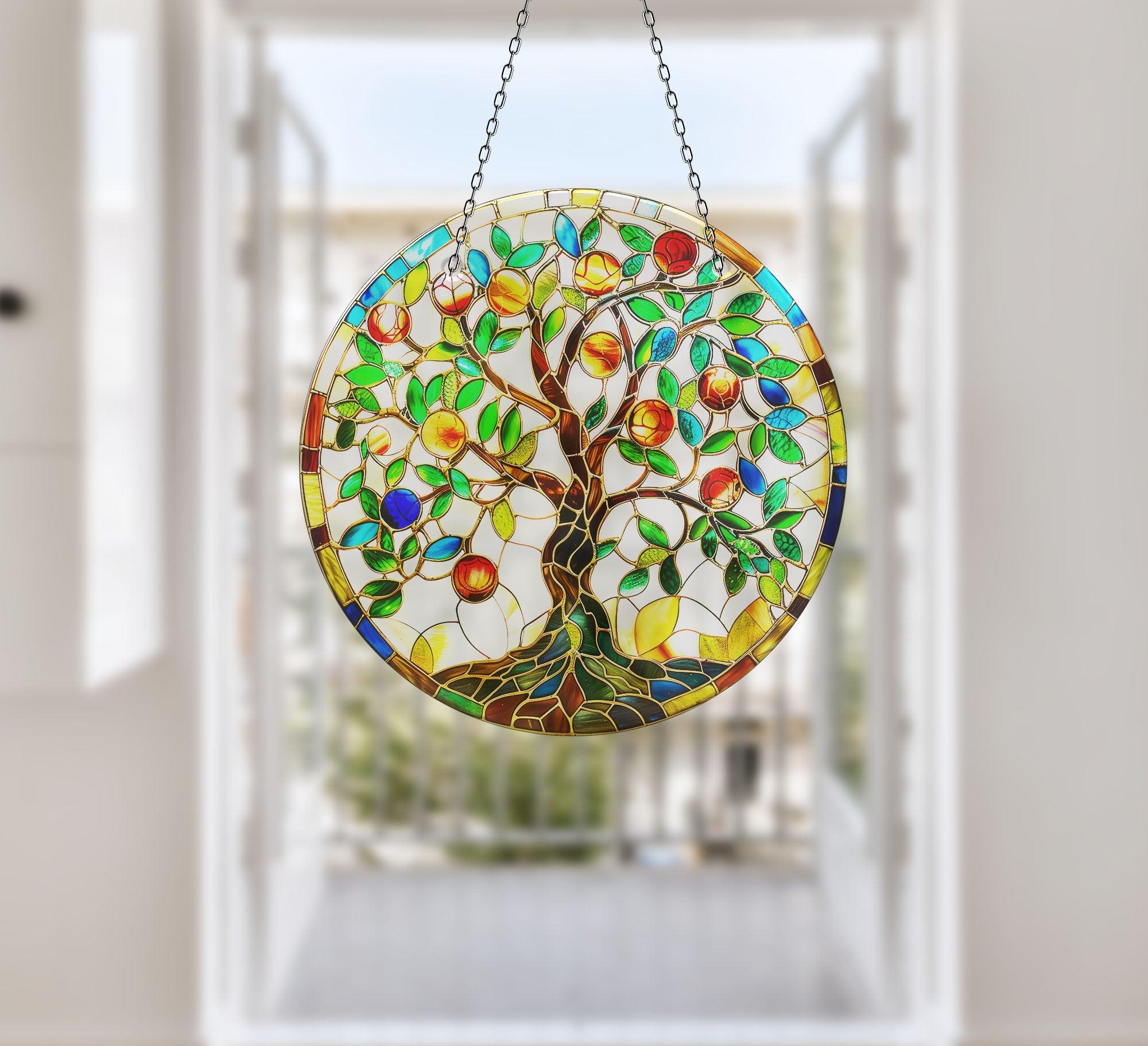 Vibrant Tree of Life Suncatcher - Handmade Stained Glass Window Decor for Home, Office & Garden - Perfect for Gifts, Meditation Spaces & Boho Room Aesthetics