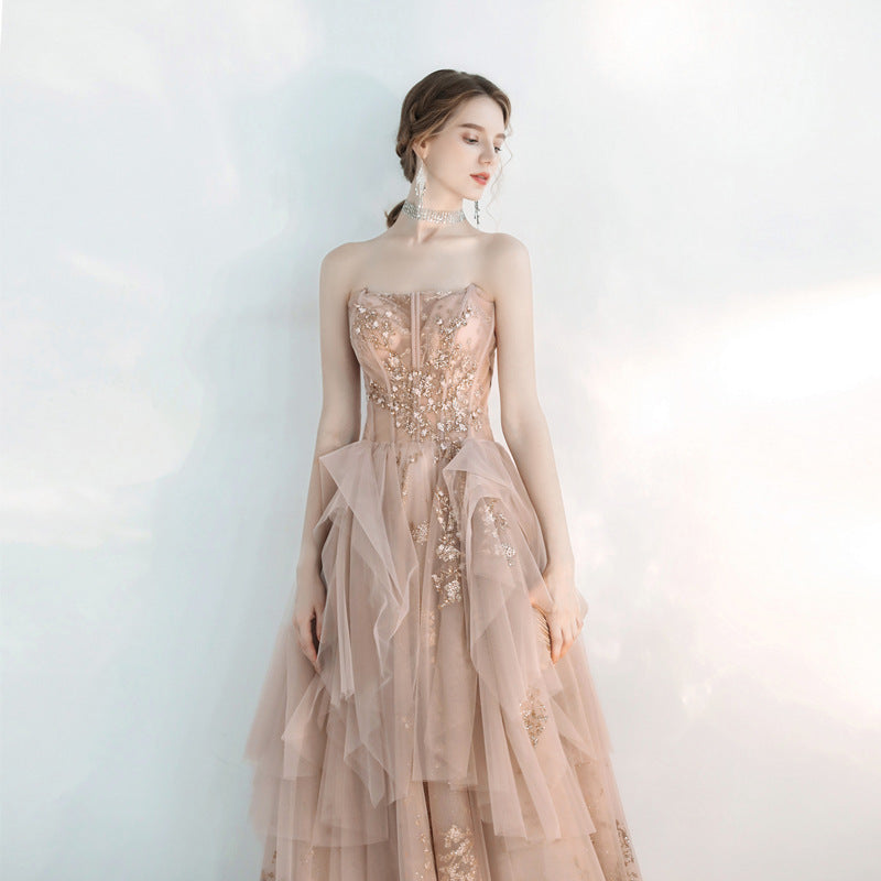 Elegant Champagne Pink Tulle Prom Dress - Strapless Long Evening Gown for Formal Parties & Special Occasions | Perfect for Homecoming, Quinceañera & Wedding Events