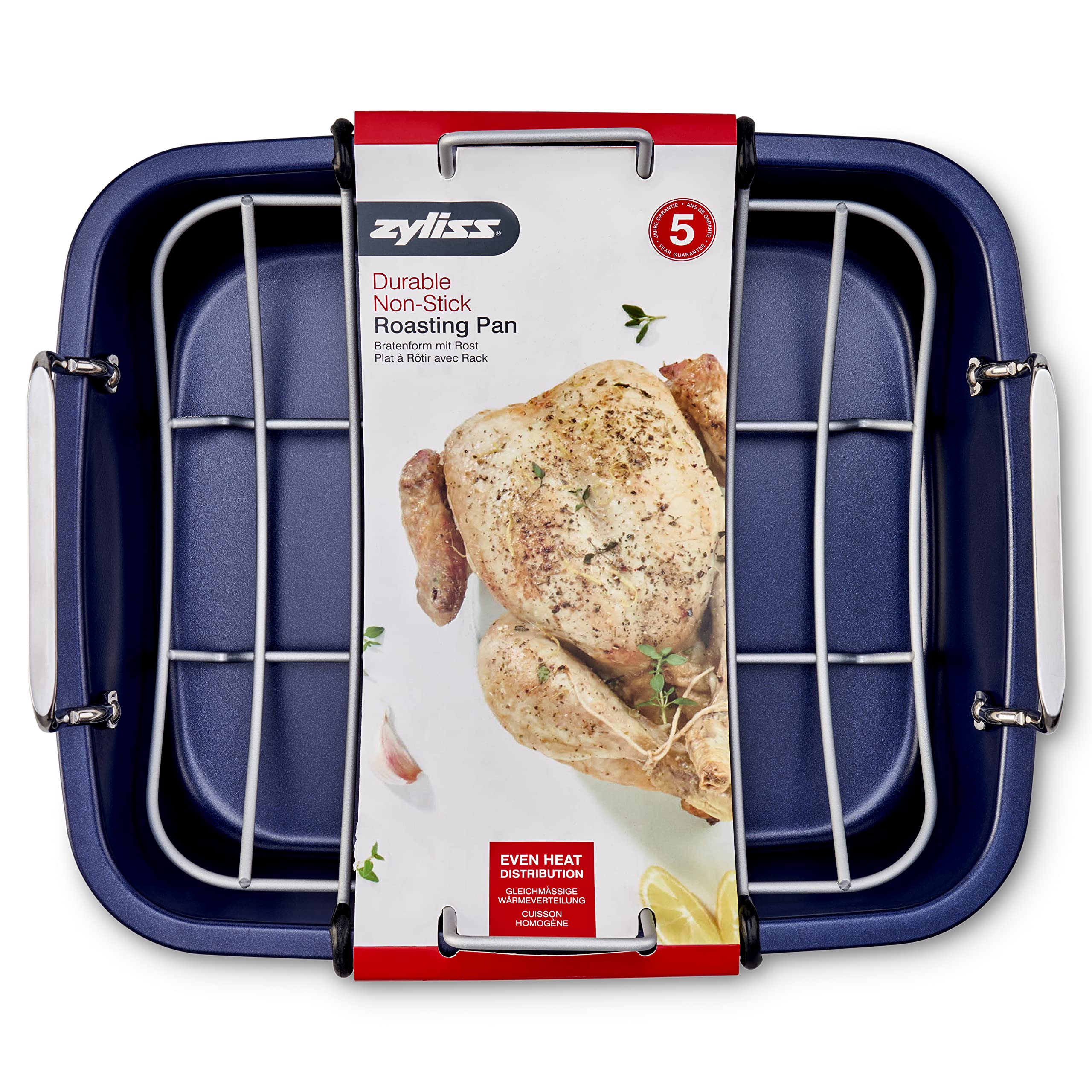Zyliss Non-Stick Roasting Pan with Rack - Carbon Steel Oven Bakeware Tray, Dishwasher Safe Dark Blue Roast Tin - Perfect for Thanksgiving Turkey, Christmas Ham & Family Roast Dinners