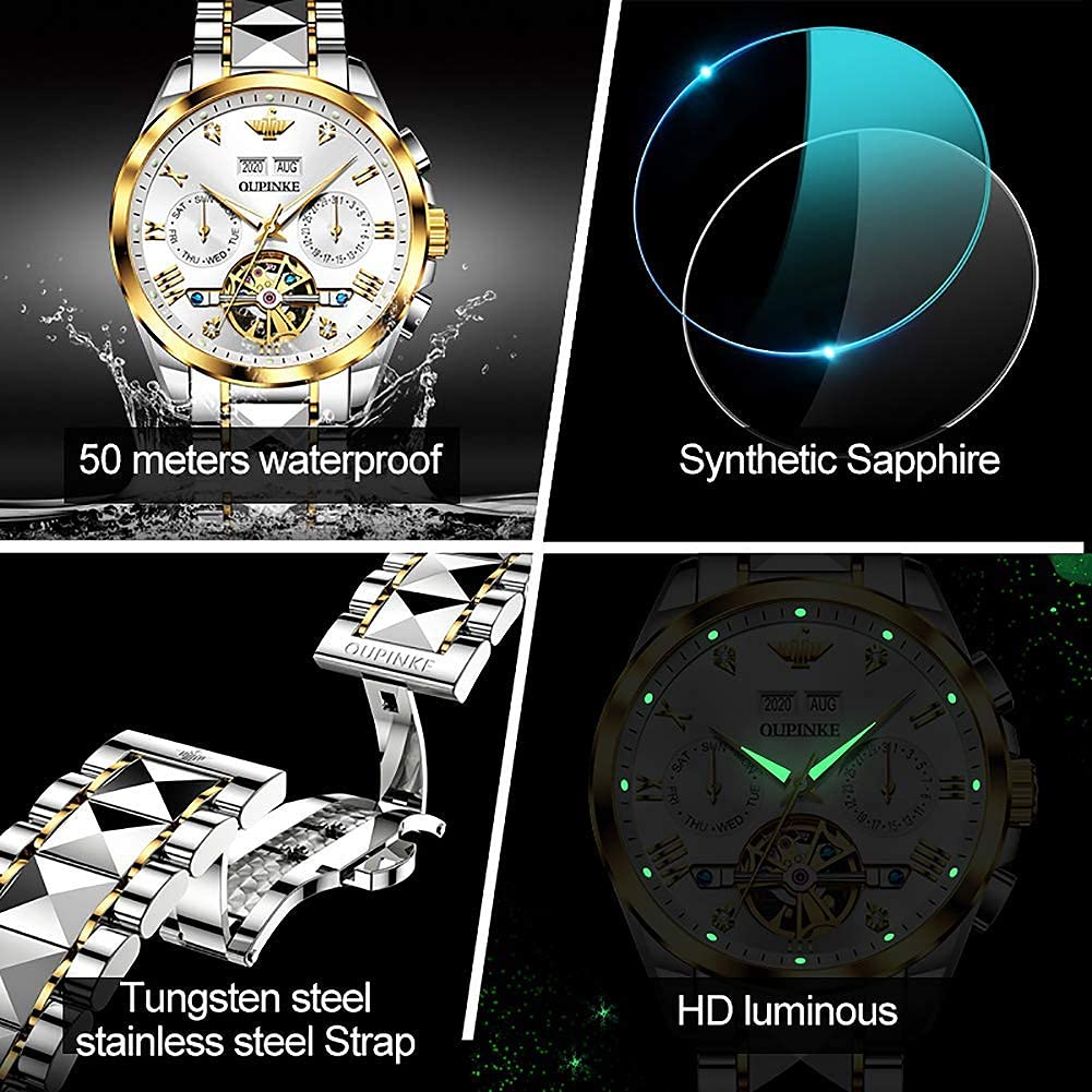 Premium Men's Automatic Skeleton Watch with Diamond Accents - Self-Winding Mechanical Dress Watch - Sapphire Crystal & Tungsten Case - Perfect for Business, Formal Events & Luxury Gifting