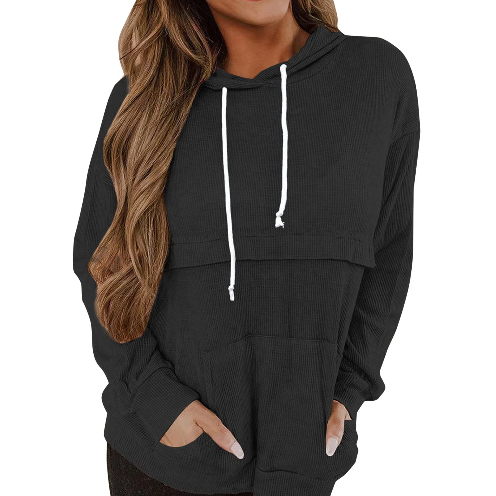 HUMMHUANJ Women's Casual Long Sleeve Hoodie - Loose Fit Waffle Pullover with Drawstring & Pocket | Perfect for Everyday Wear, Outdoor Activities & Lounge