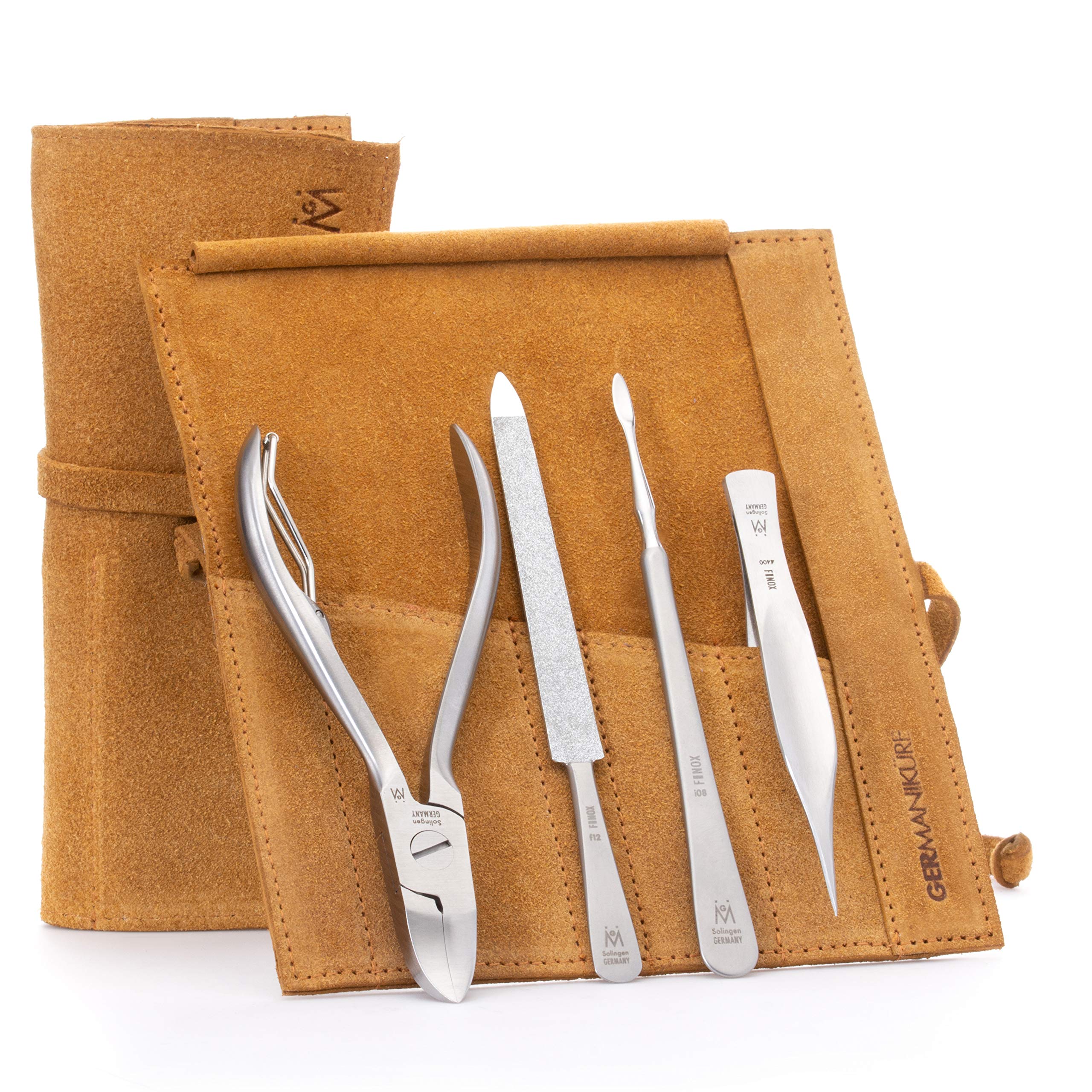 Premium GERMANIKURE 4-Piece Pedicure Set in Mustard Yellow Suede Case - Solingen Germany Stainless Steel Tools - Professional Men's Grooming Kit for Home, Travel & Salon Use