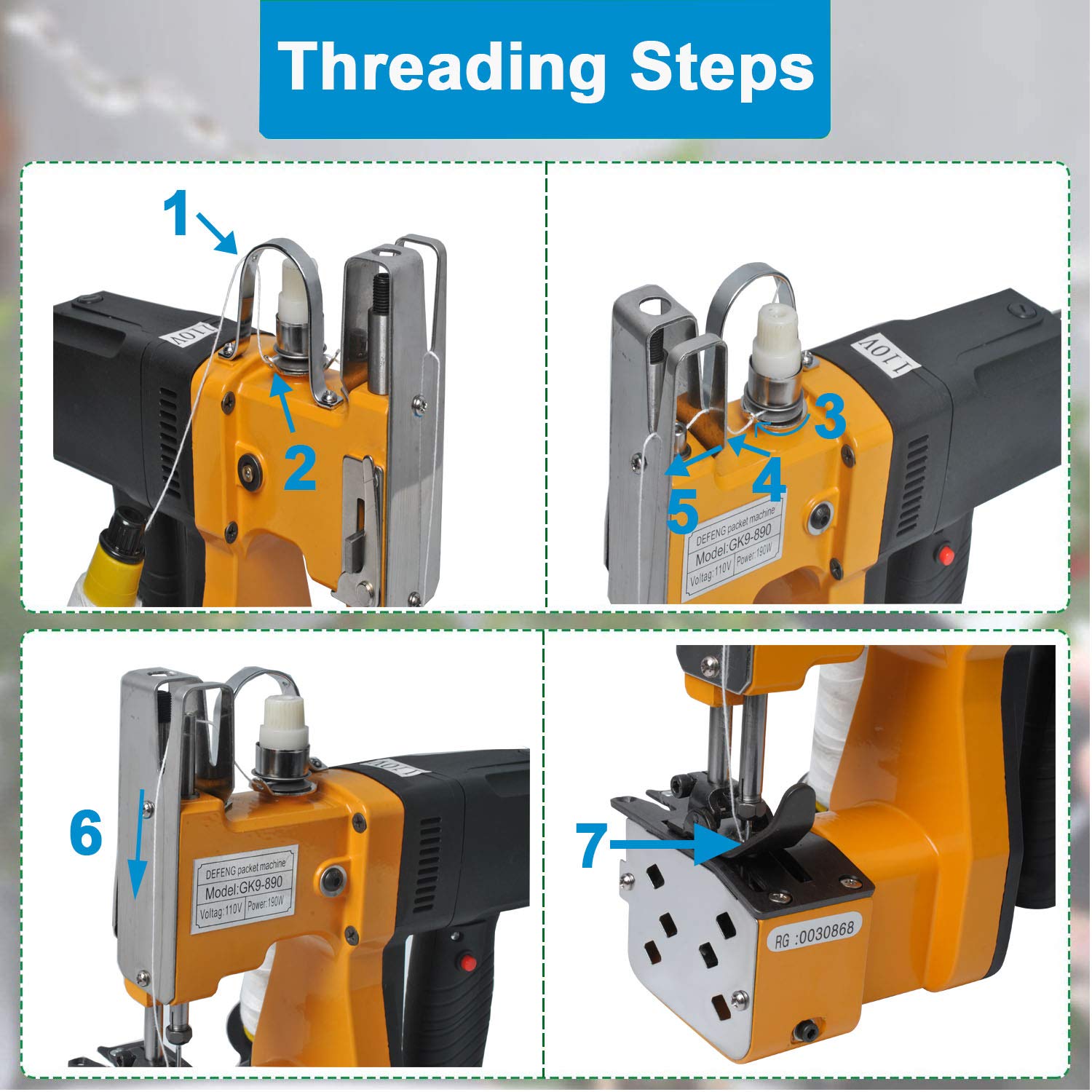 GK9-890 Industrial Bag Closer Machine | 110V Electric Bag Sealing & Stitching Machine | 190W High-Speed Handheld for Woven/Snakeskin/Paper Bags | Perfect for Packaging, Shipping & Retail Operations