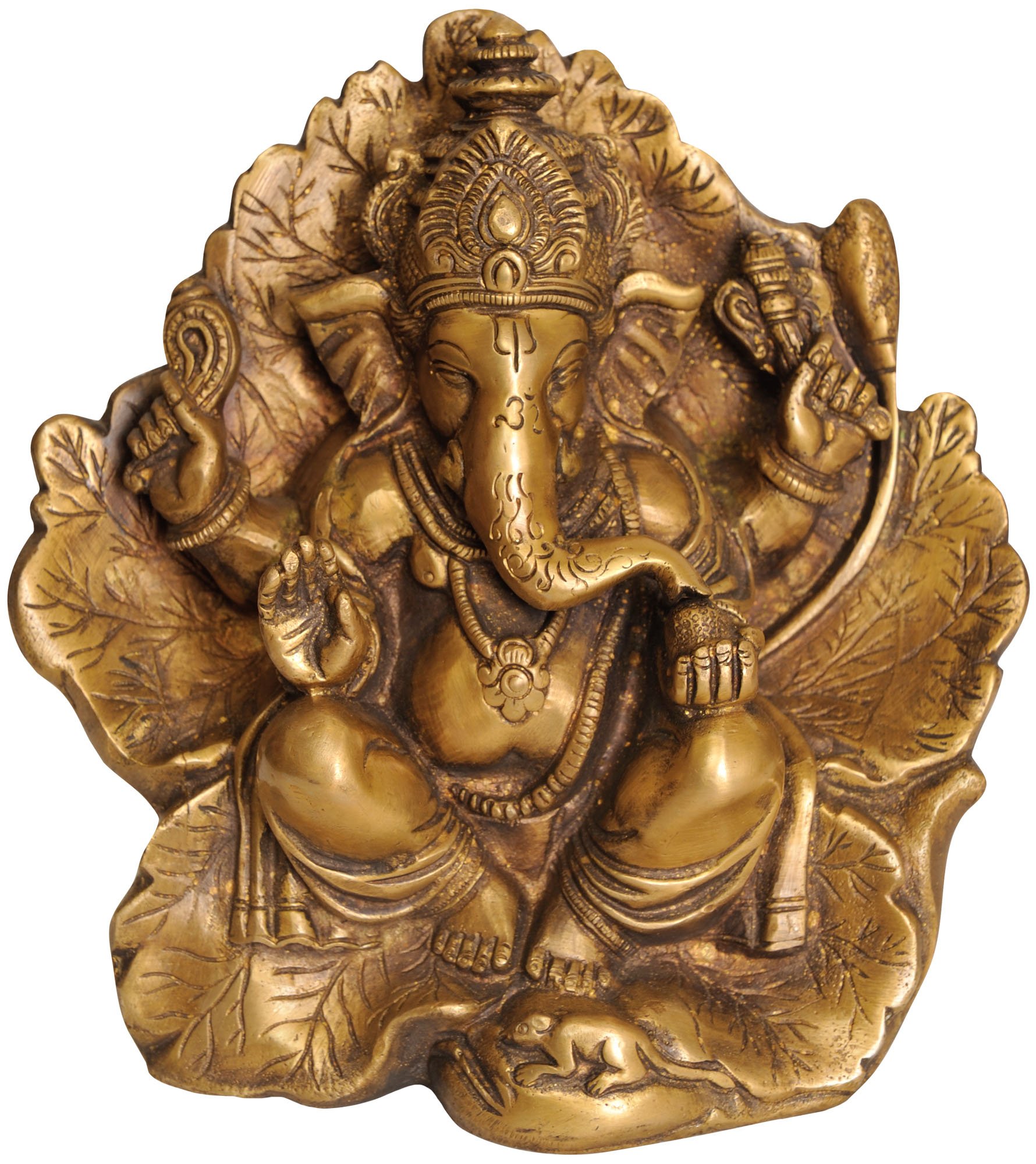 ZCB50 Ganesha Brass Statue - Lord Seated on Lotus Flower Couch, Yellow Hindu God Statue for Home Altar, Office Decor & Spiritual Meditation