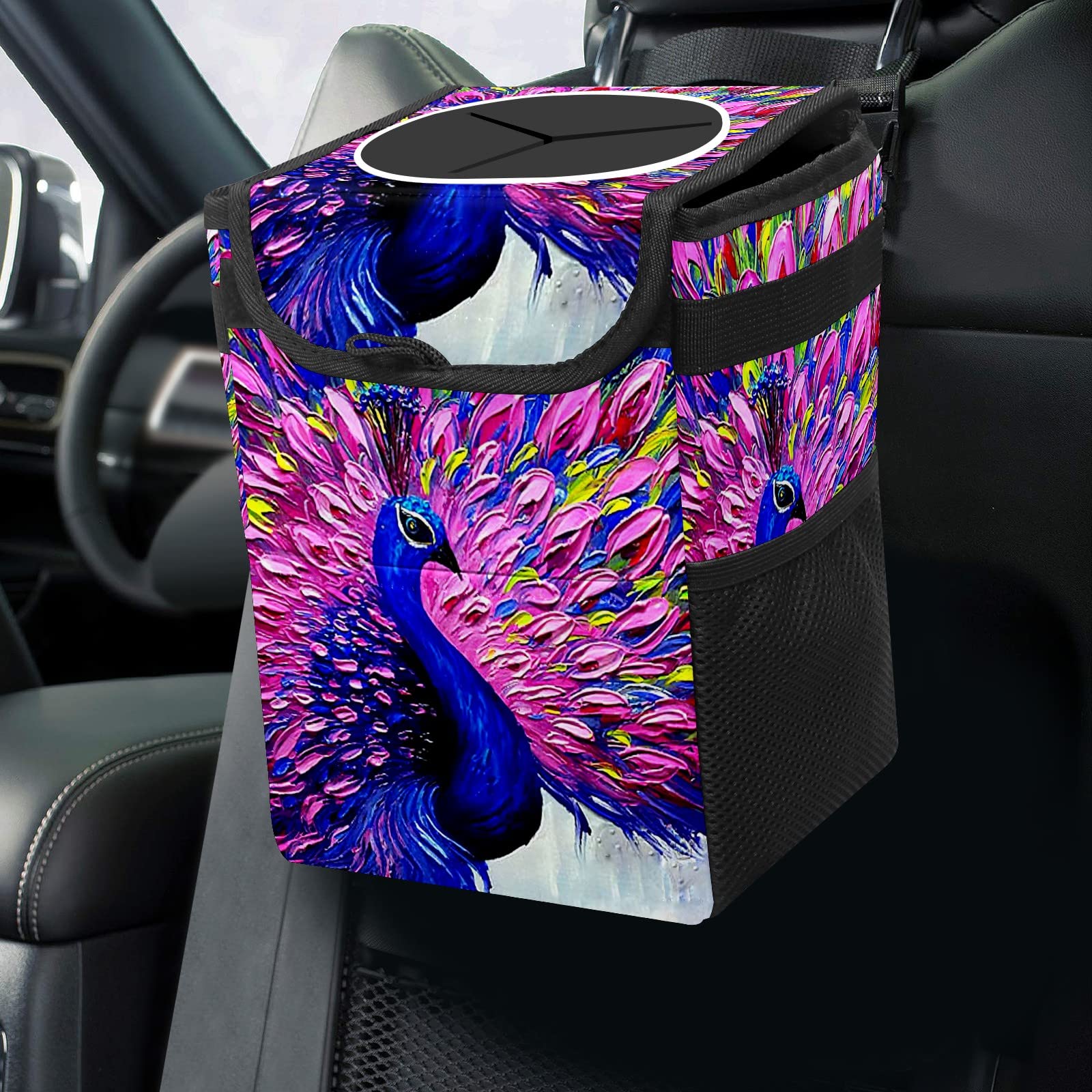 Collapsible Reusable Waterproof Car Trash Can with Lid - Peacock Design Auto Garbage Bin for Car, Truck & SUV Interior Organization | Perfect for Road Trips, Commuting & Family Travel
