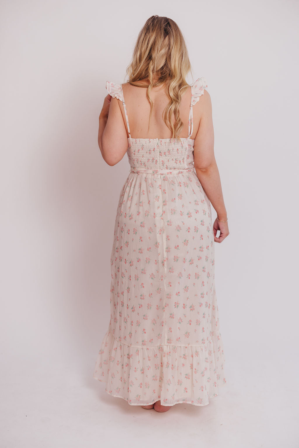 Rosamund Bustier Style Maxi Dress - Blush Pink Floral Print, Plus Size (S-3XL) | Wedding Guest Dress, Summer Beach Dress, Formal Occasion Outfit