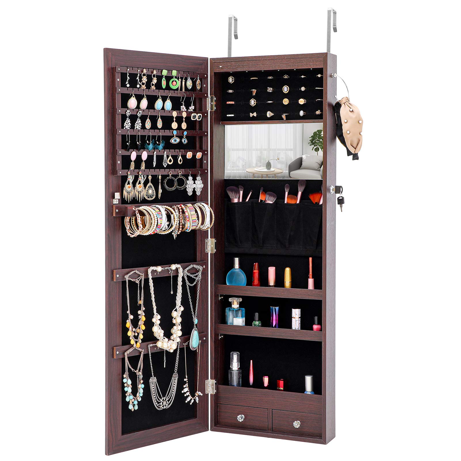 SONGBIRDTH Fashion Jewelry Storage Cabinet with LED Lights - Standing Mirror Jewelry Organizer Box with Full Body Mirror, Brown - Perfect for Bedroom, Dressing Room & Closet Organization