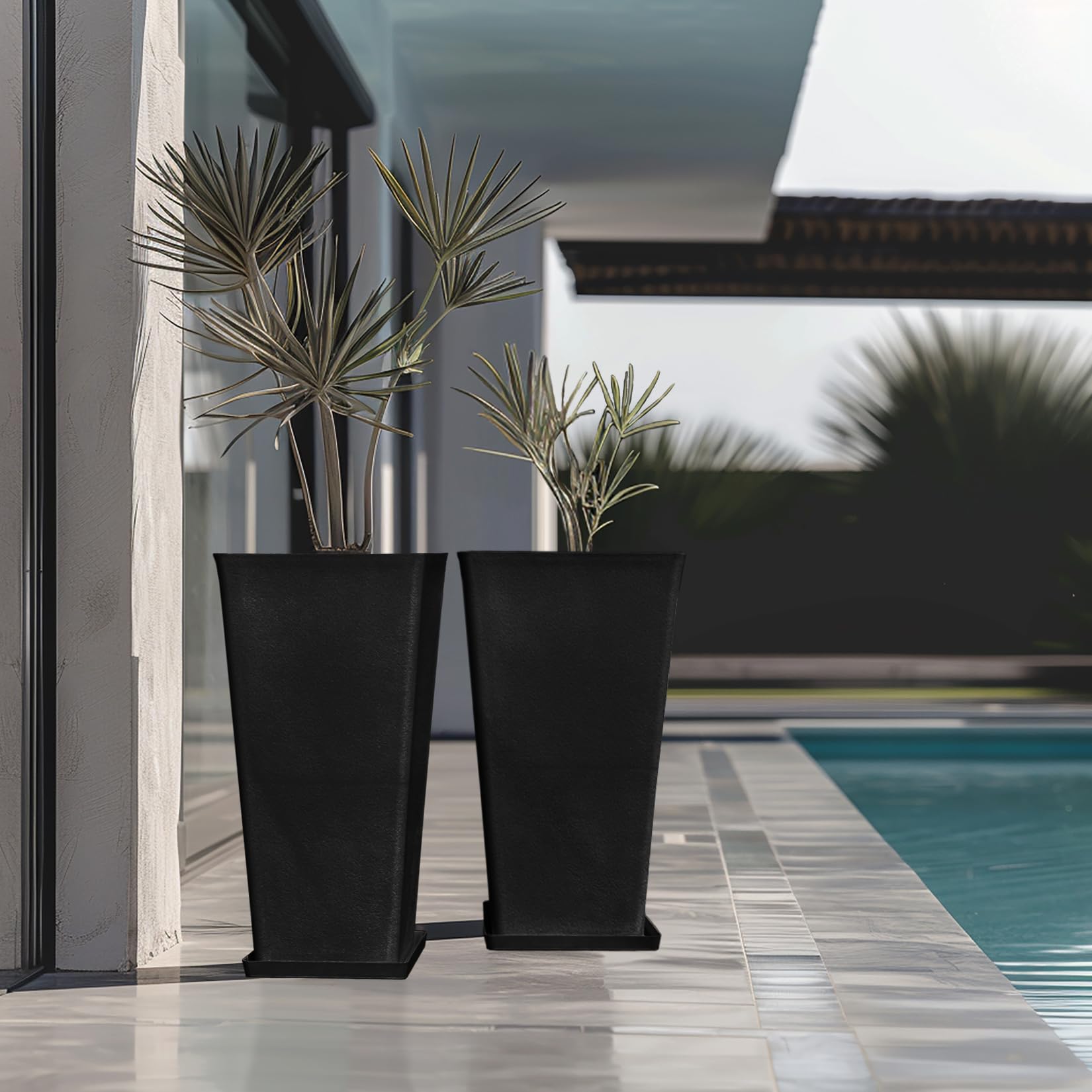 LA JOLIE MUSE 30 Inch Tall Black Planters - Set of 2 Indoor/Outdoor Rectangular Large Flower Pots with V-Shaped Taper Design - Perfect for Front Door Decor, Patio, Garden, and Home Entrance Greenery Display