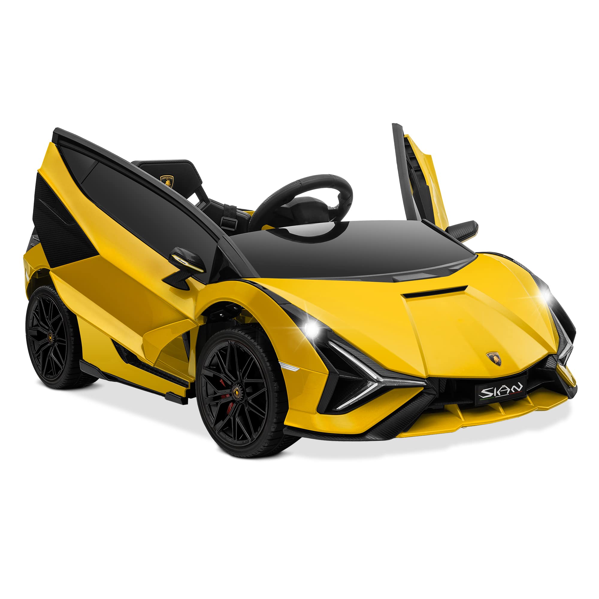 Kidzone Kids 12V Electric Ride-On Lamborghini Sian Roadster Toy Car - Remote Control, LED Lights, Music & Suspension Wheels - Carbon Fiber Textured Yellow - Perfect for Birthday Gifts & Outdoor Play